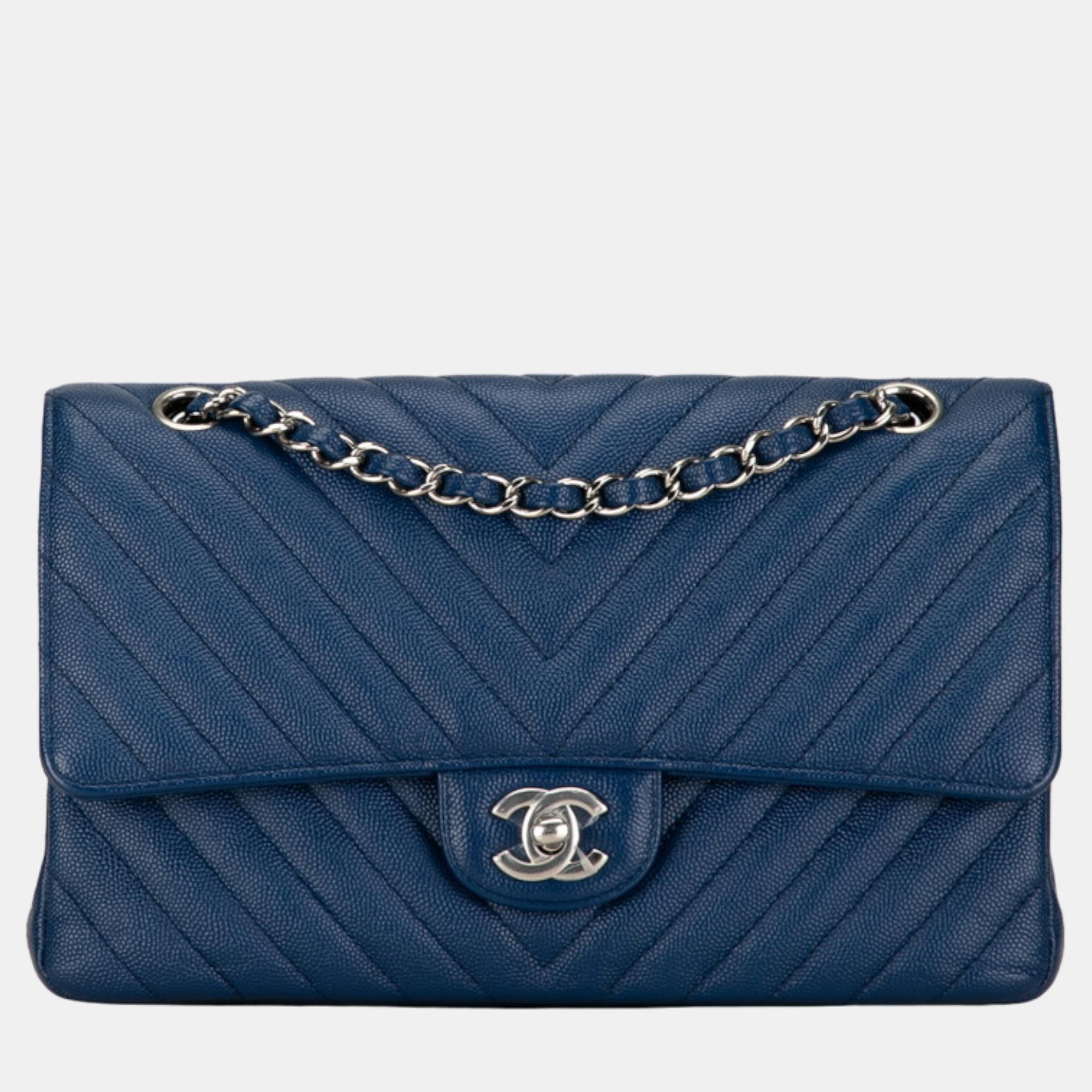 

Chanel Blue Caviar Leather CC Classic Chevron Flap Bag