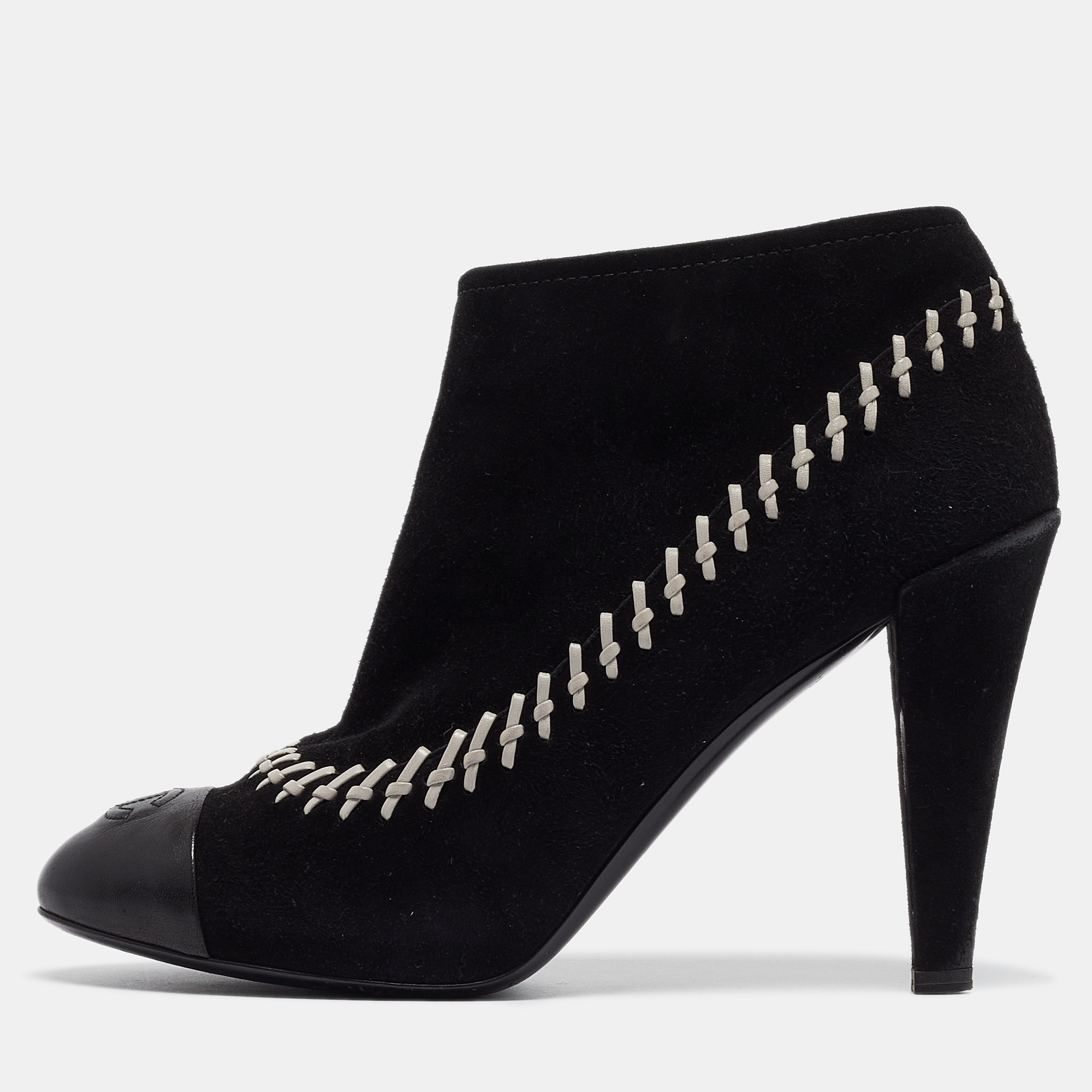 

Chanel Black/White Whipstitch Suede CC Ankle Booties Size