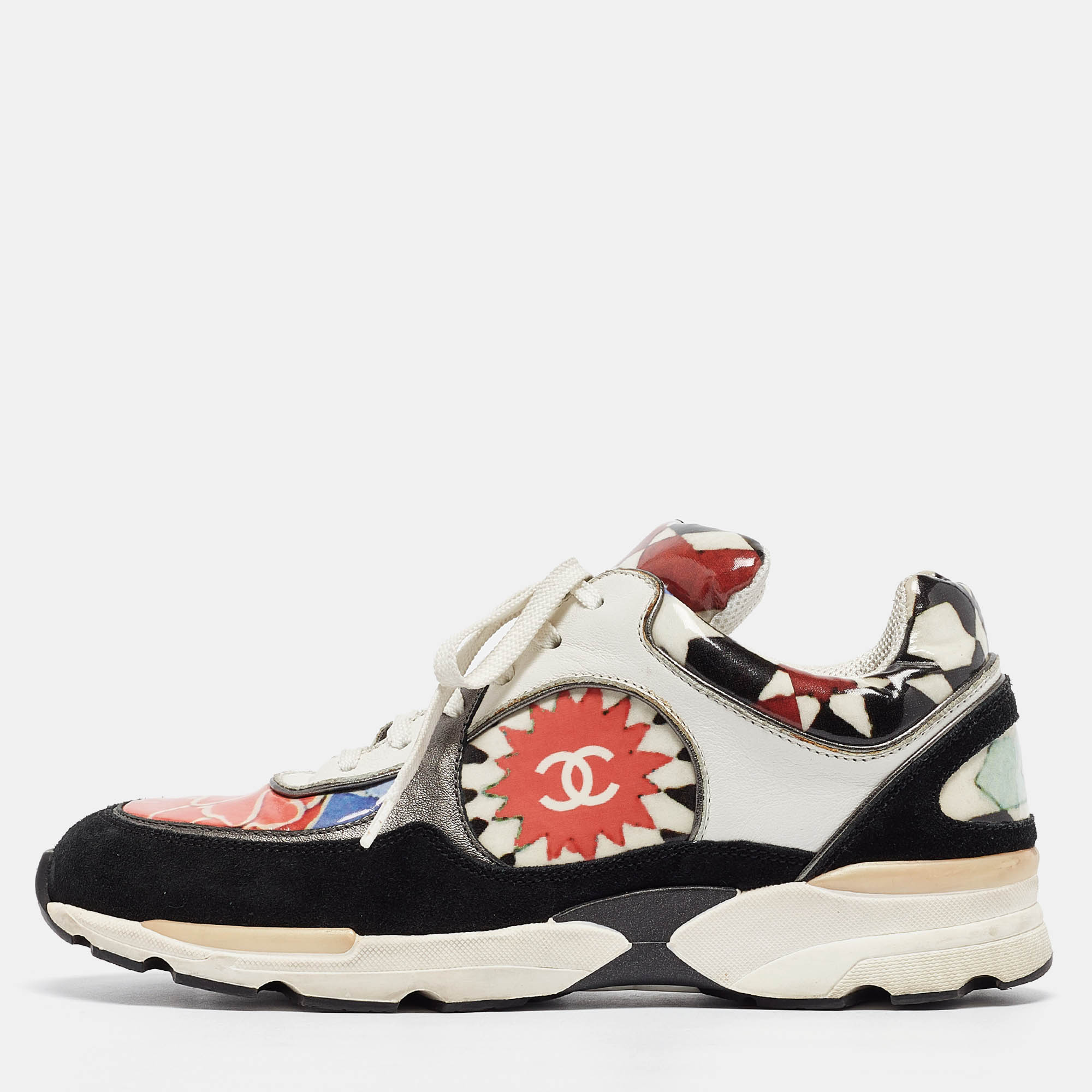 

Chanel Multicolor Printed Coated Canvas and Suede CC Low Top Sneakers Size
