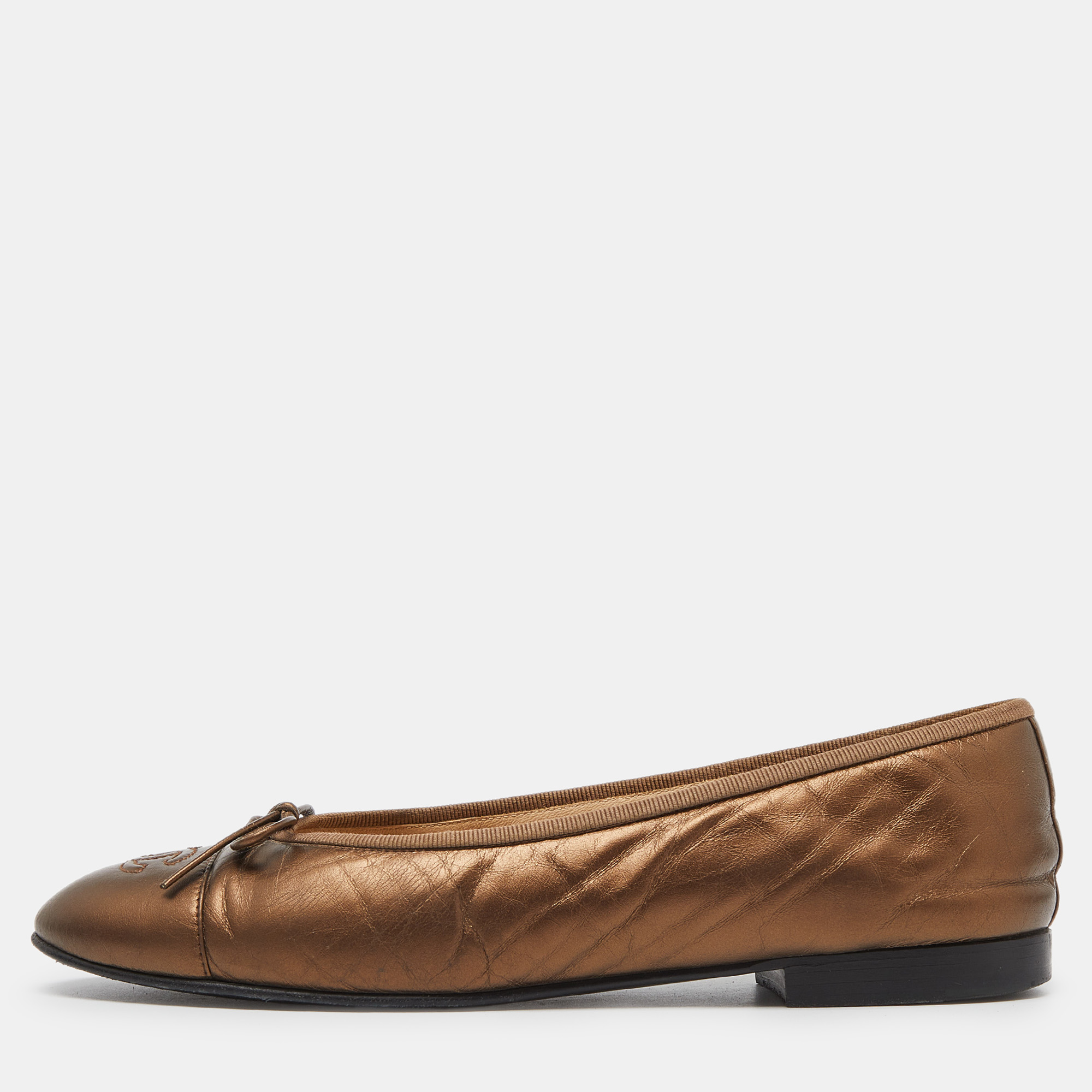 

Chanel Brown Leather Bow CC Cap Toe Ballet Flats Size
