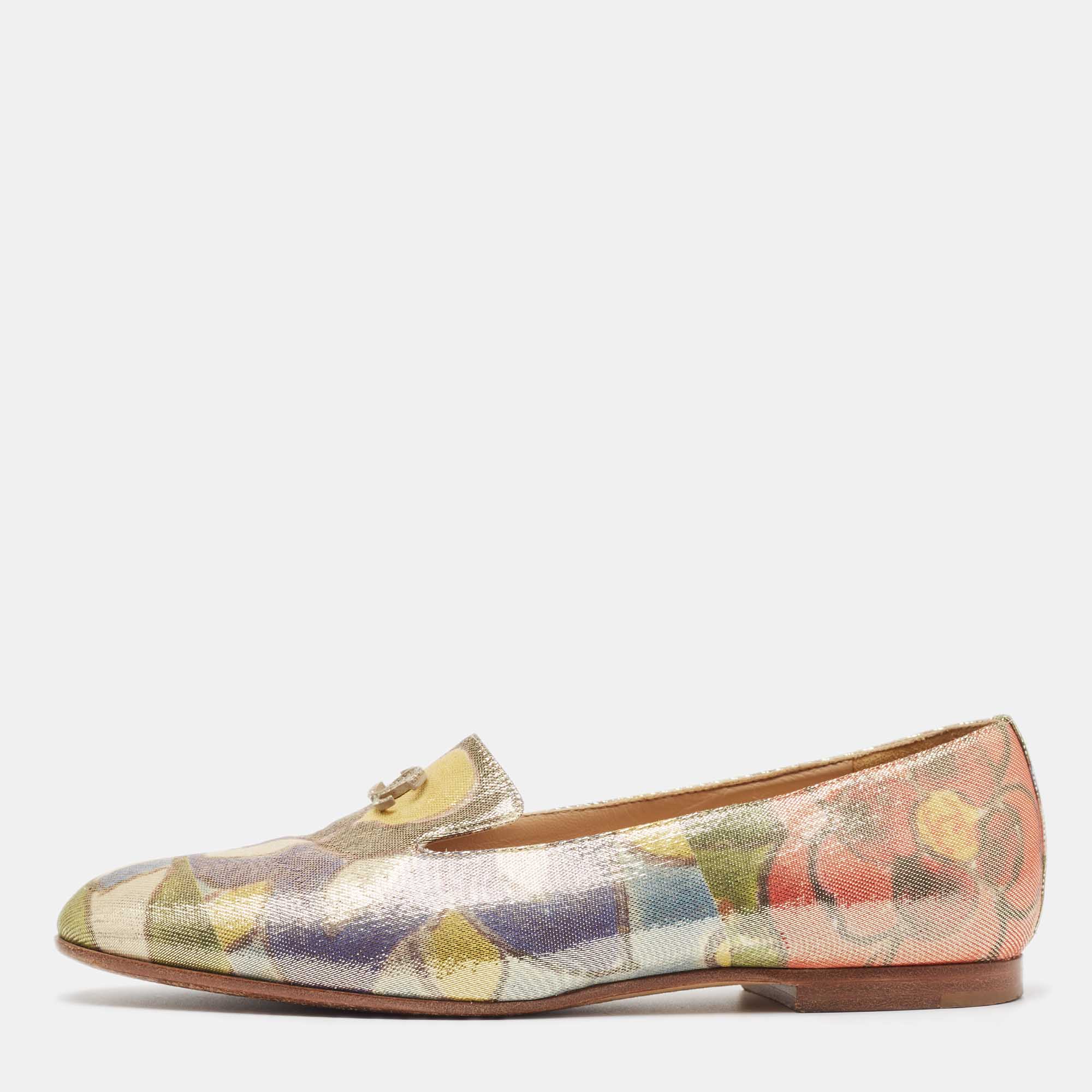 

Chanel Multicolor Floral Print Glitter Lame Fabric CC Smoking Slippers Size