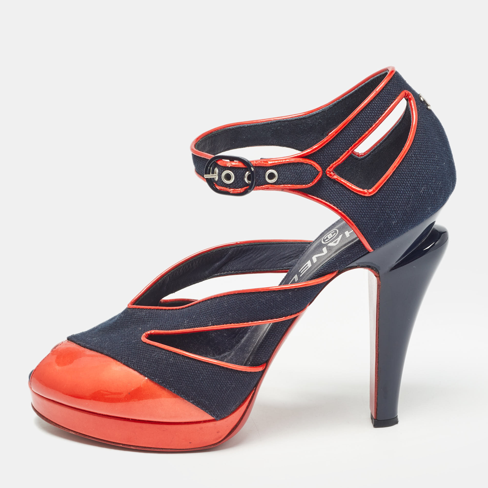 

Chanel Navy Blue/Red Canvas and Patent Leather CC Strappy Sandals Size