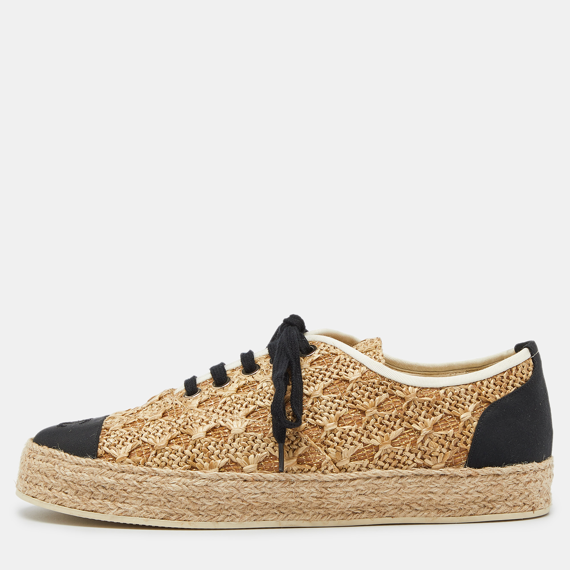 

Chanel Beige/Black Raffia, Fabric and Grosgrain CC Lace Up Espadrilles Sneakers Size