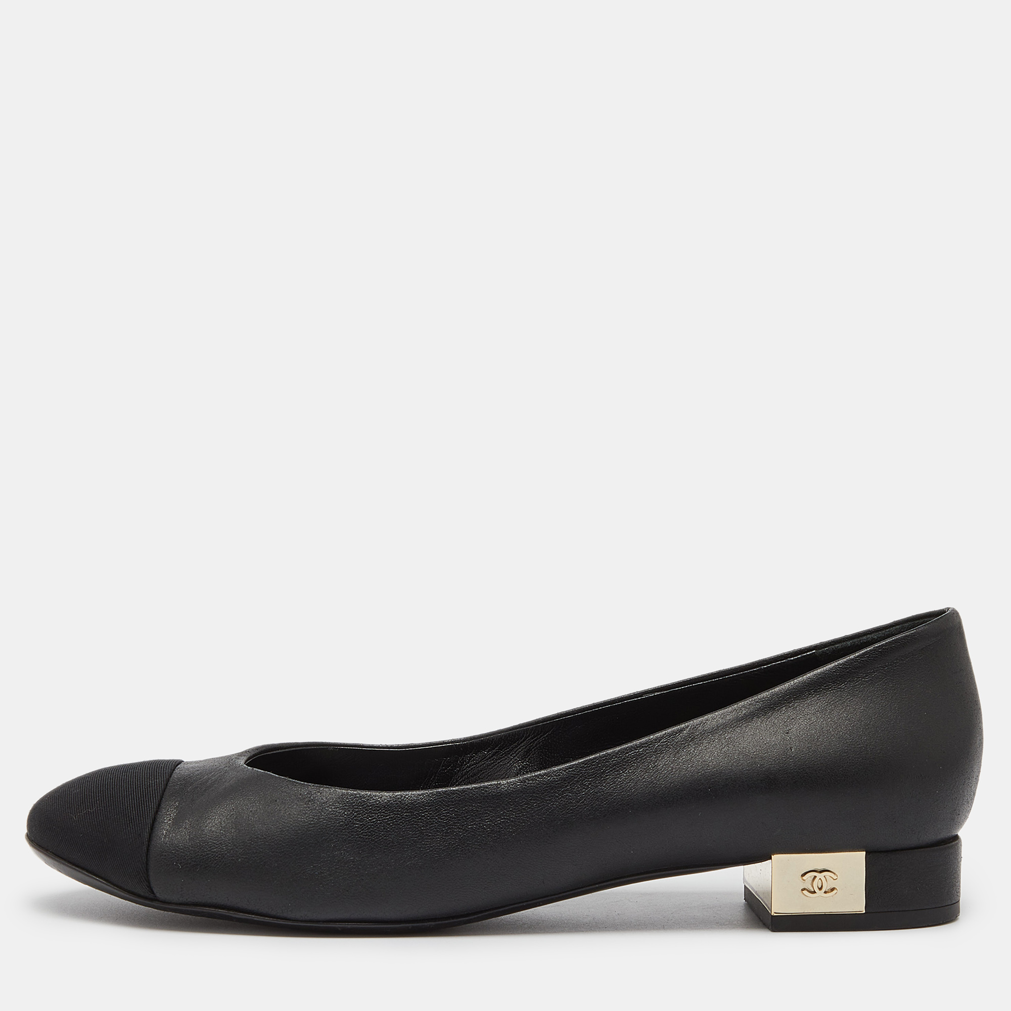 

Chanel Black Leather and Canvas CC Cap Toe Ballet Flats Size