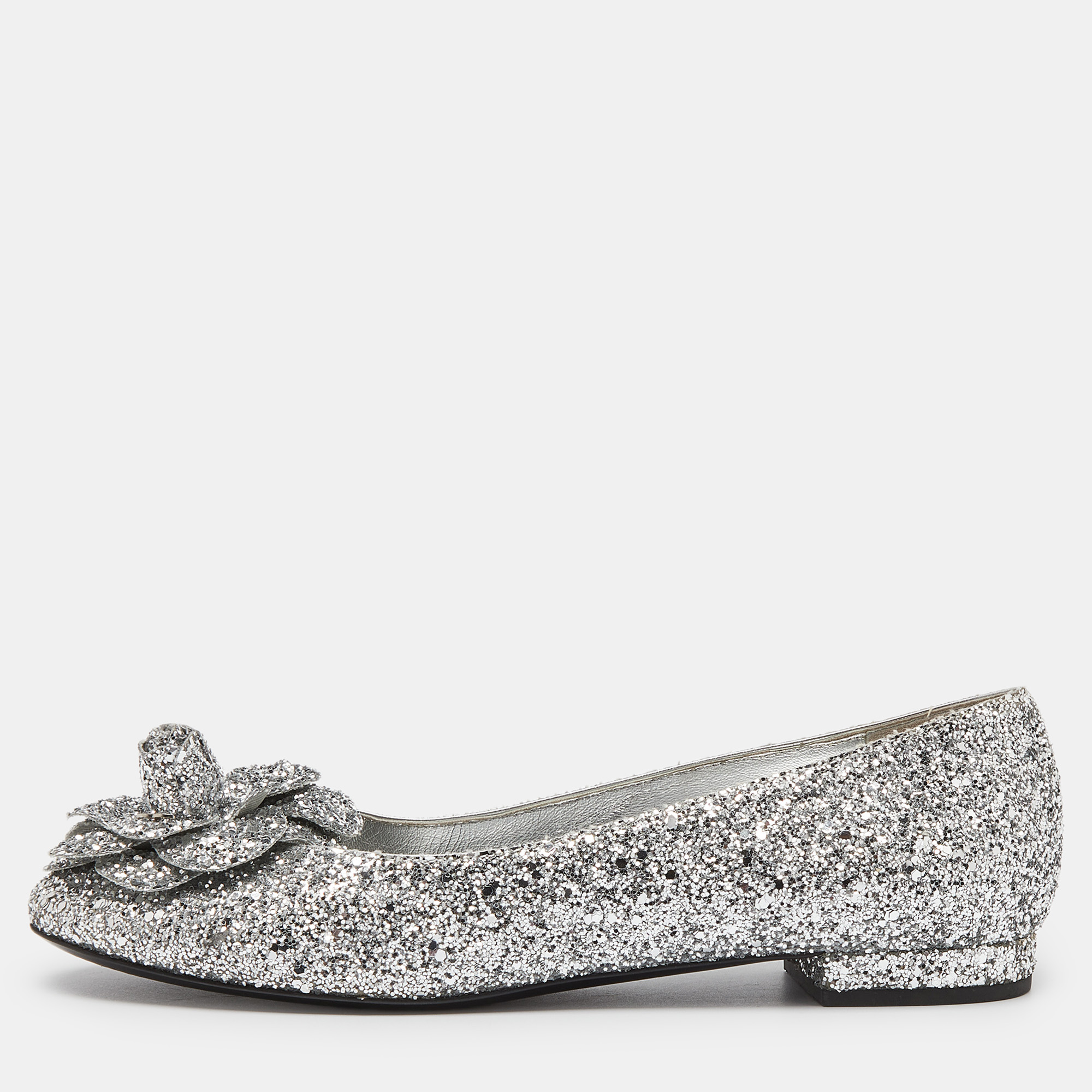 

Chanel Silver Coarse Glitter Camellia Ballet Flats Size