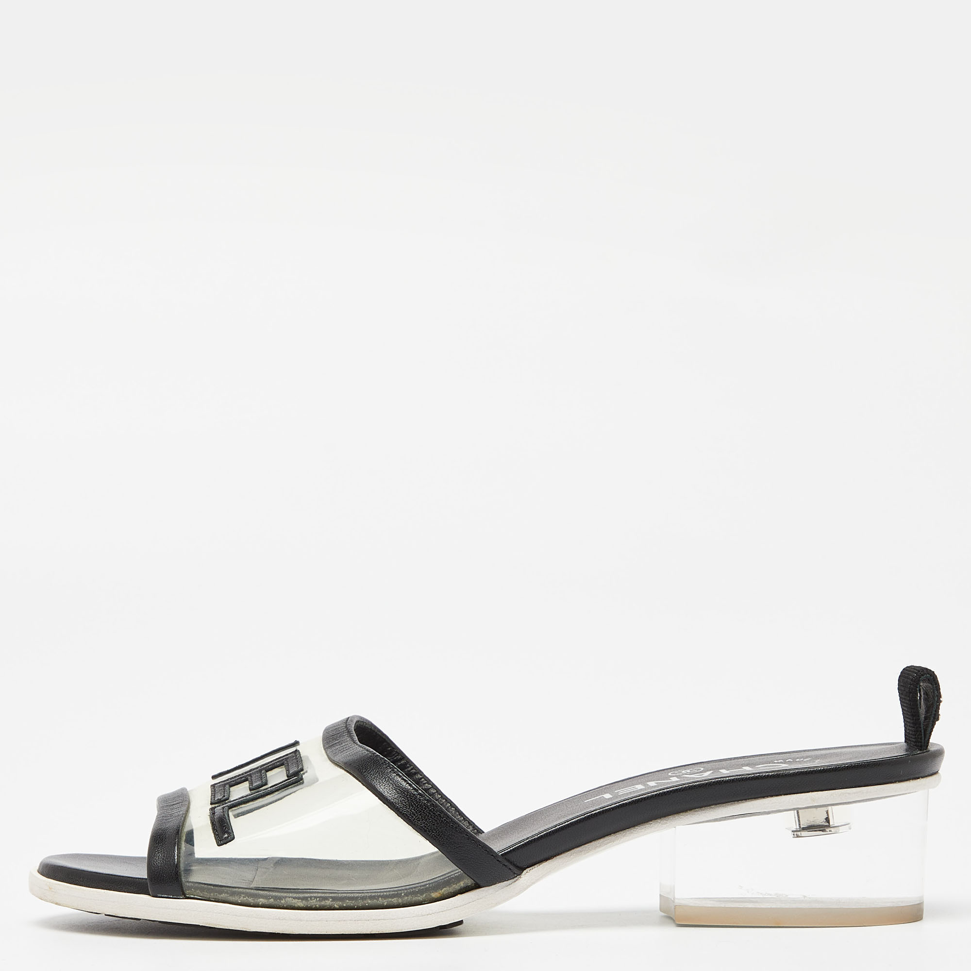 

Chanel Black Leather and PVC Logo Slide Sandals Size