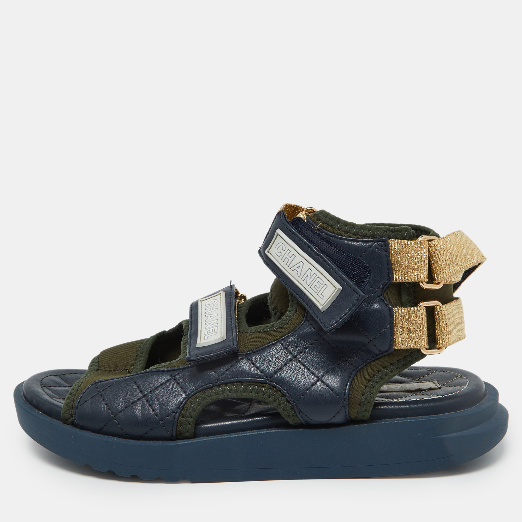 

Chanel Navy Blue/Green Quilted Leather and Neoprene Gladiator Sandals Size, Multicolor