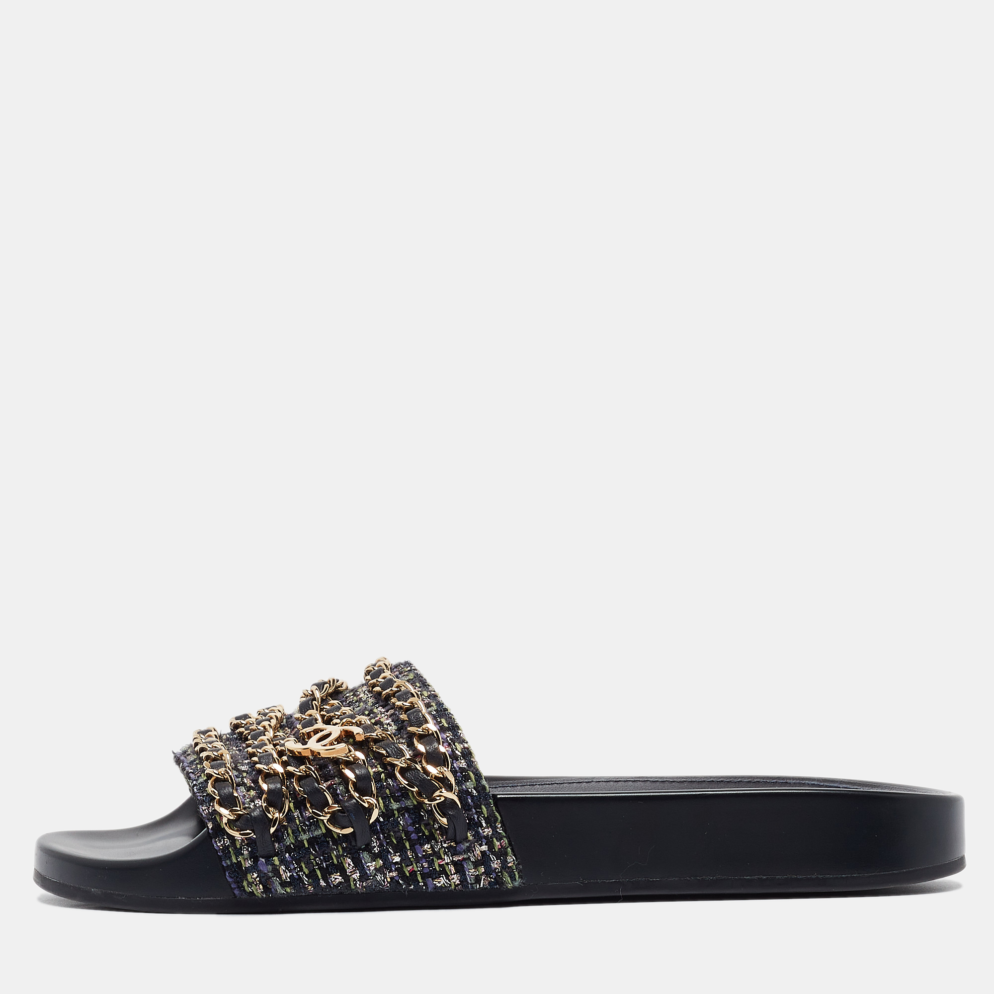 

Chanel Navy Blue Tweed Tropiconic Chain Flat Slides Size
