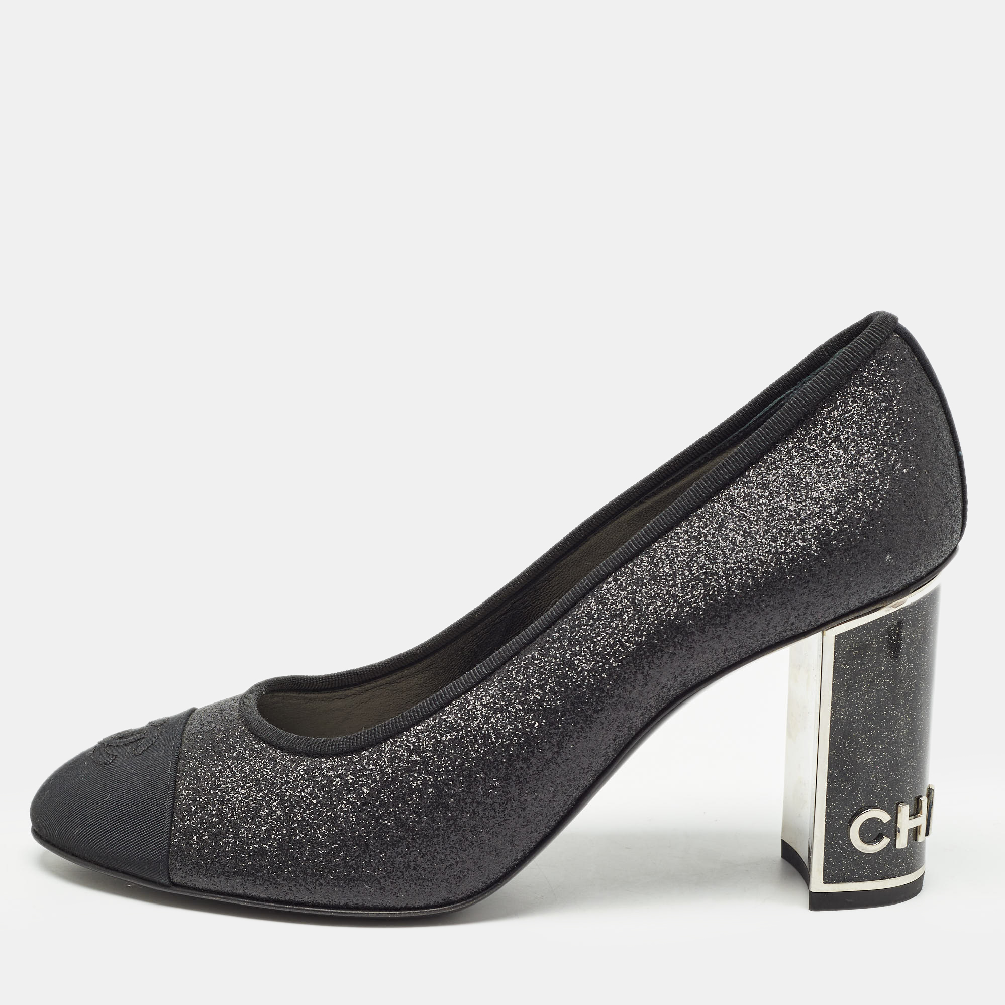 

Chanel Black Glitter And Cap Toe Block Heel Pumps Size