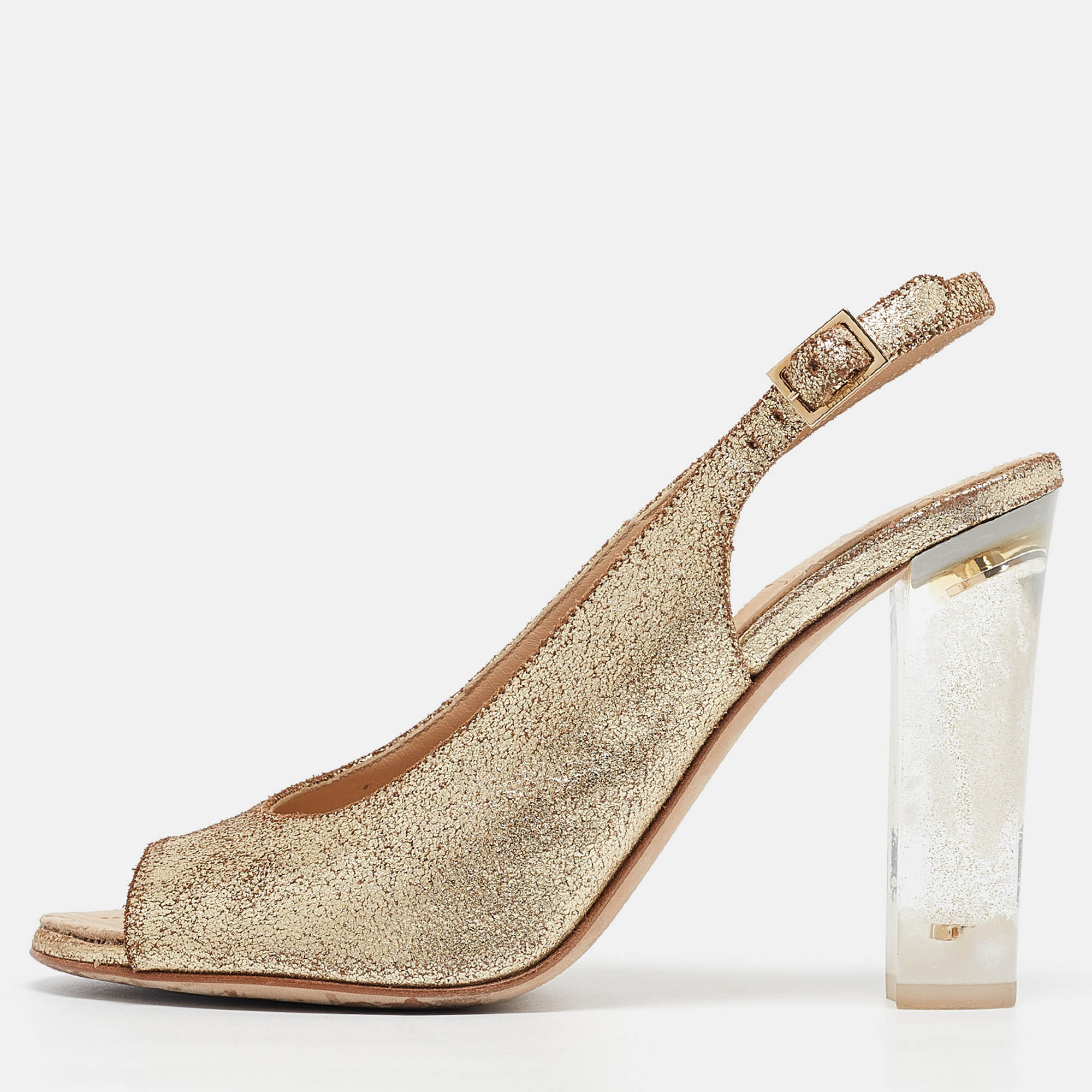 

Chanel Gold Textured Suede CC Transparent Heel Slingback Sandals Size