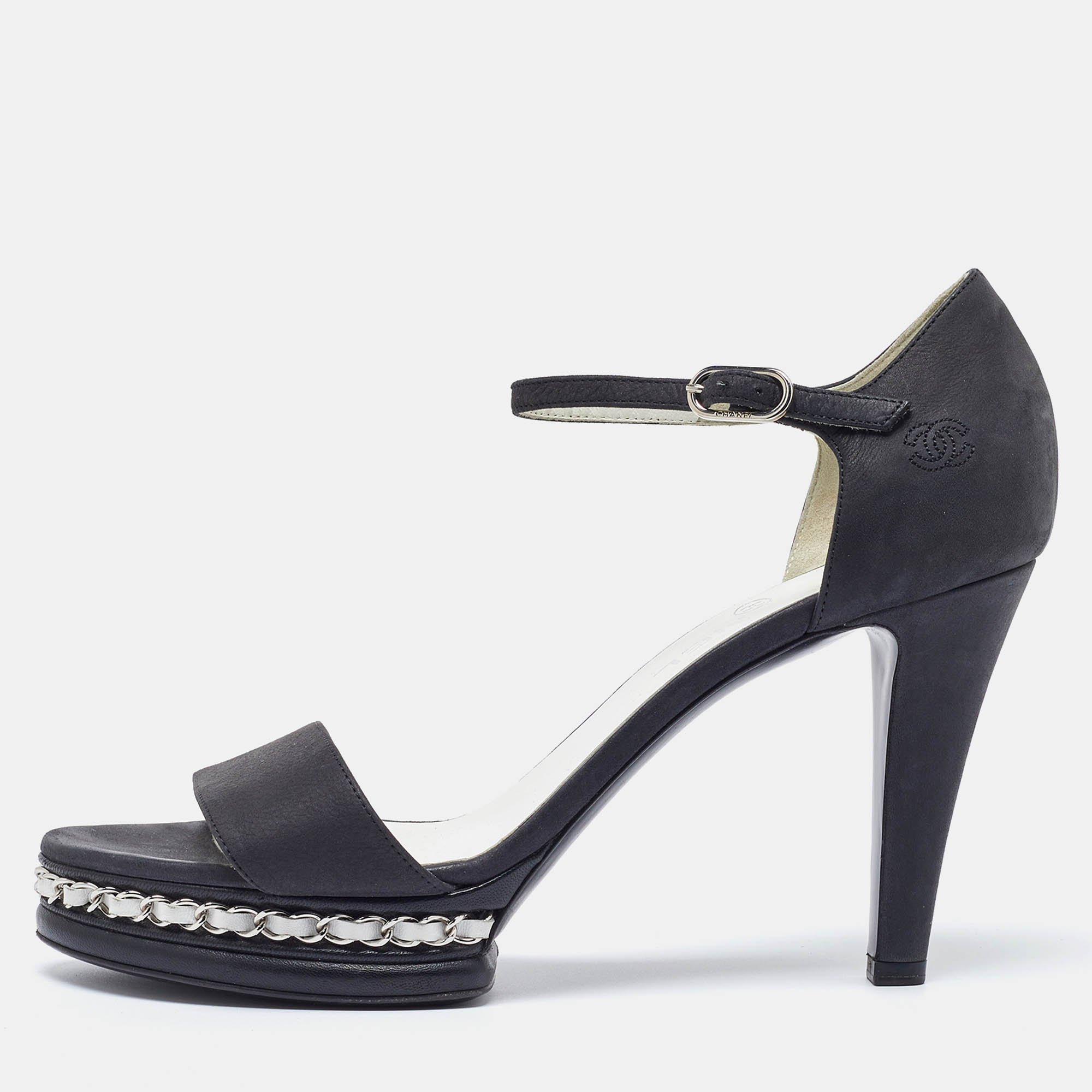 

Chanel Black Leather Chain Embellished Strap Sandals Size