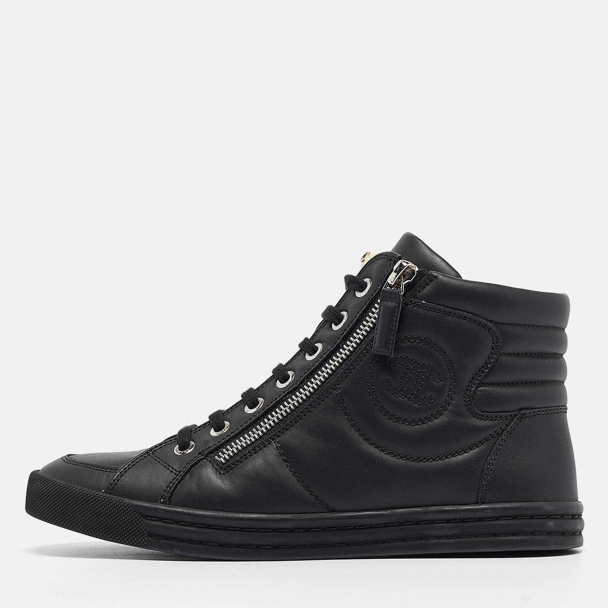 

Chanel Black Leather CC Double Zip Accent High Top Sneakers Size