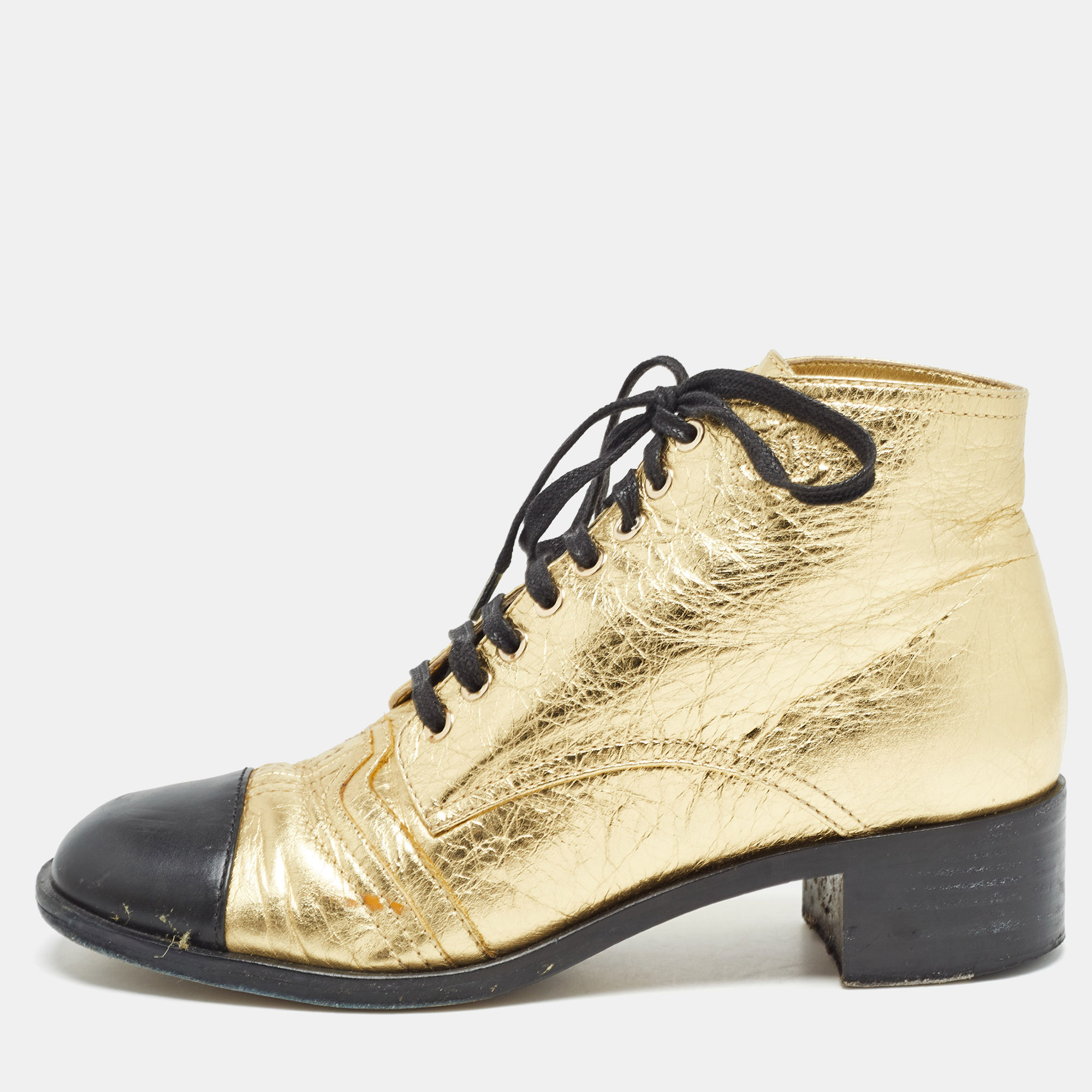 

Chanel Gold/Black Crackled Leather Ankle Boots Size, Metallic