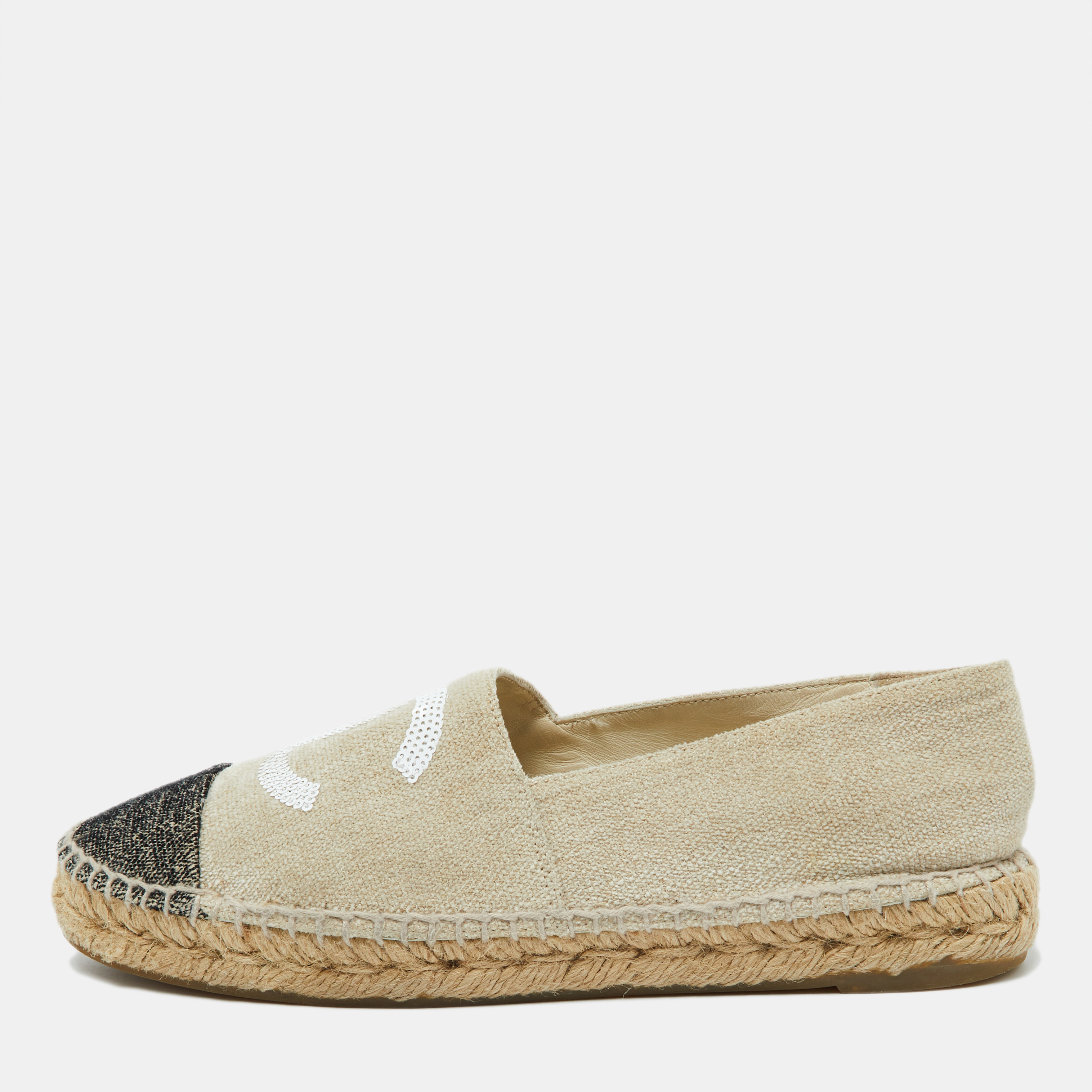 

Chanel Beige/Black Canvas and Tweed Sequins Embellished CC Cap Toe Espadrille Flats Size