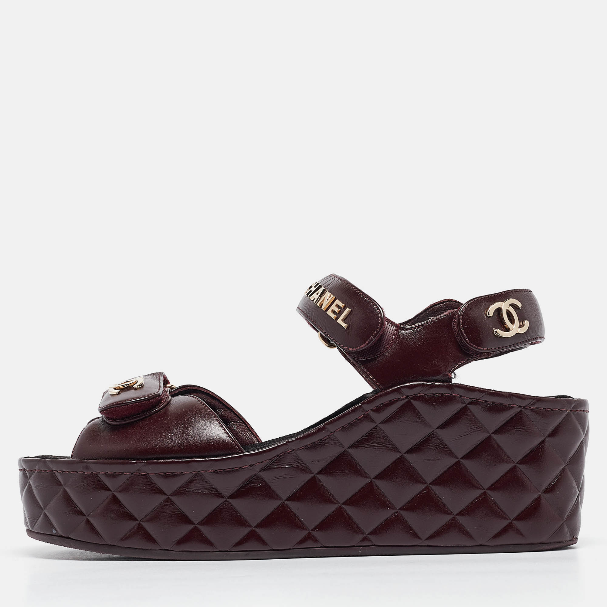 

Chanel Burgundy Leather CC Quilted Wedge Platform Sandals Size
