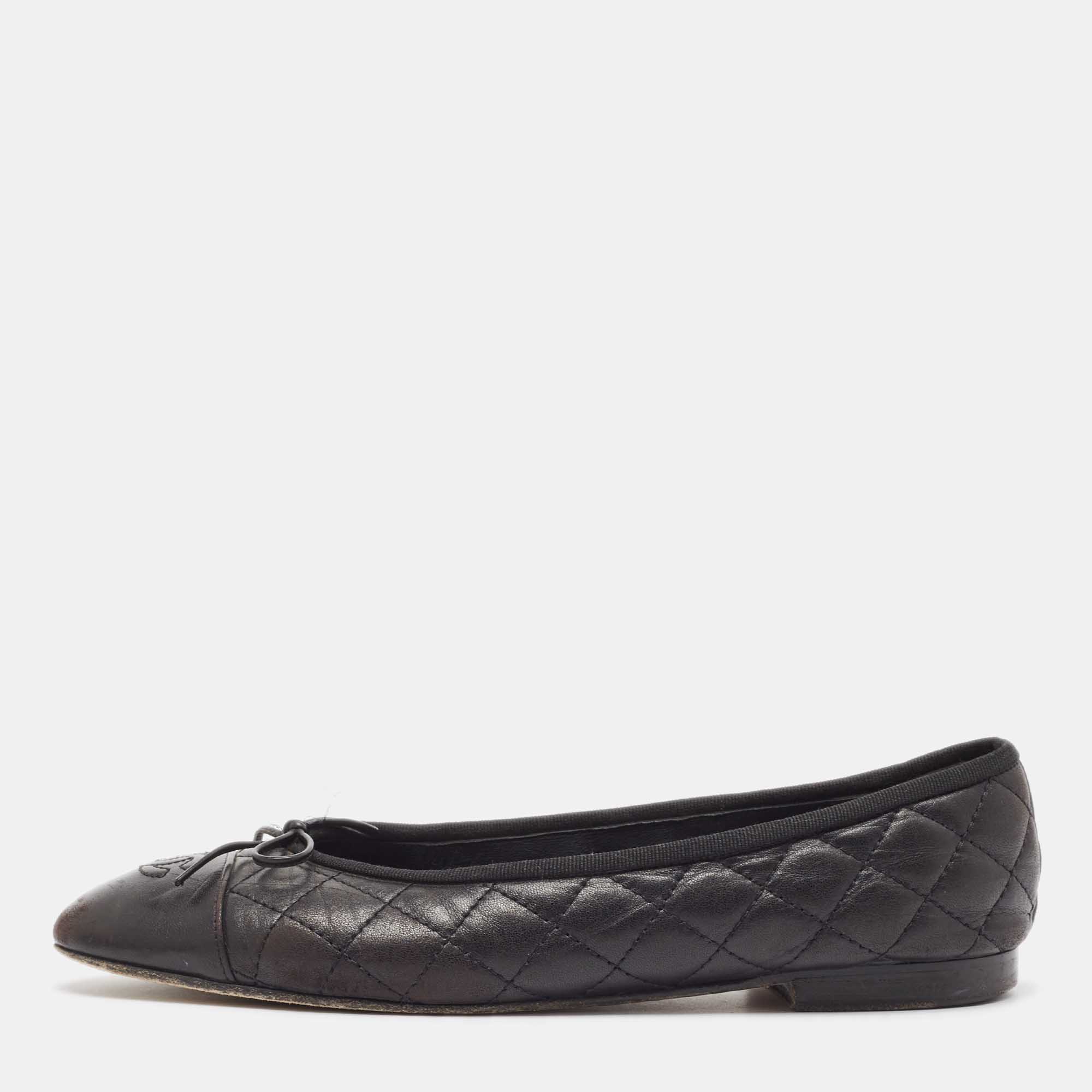 

Chanel Black Quilted Leather CC Bow Ballet Flats Size