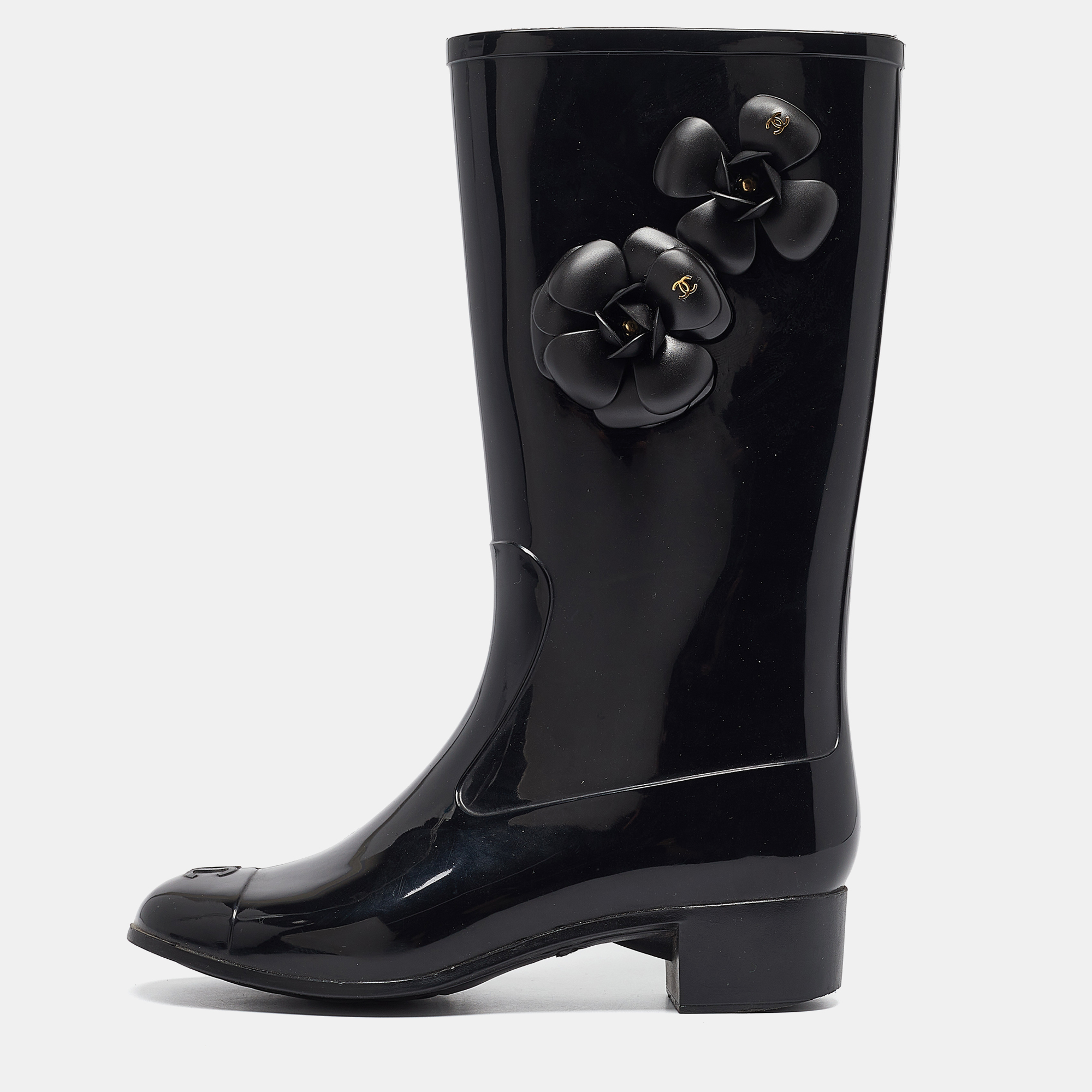 

Chanel Black Rubber CC Camellia Rain Boots Size