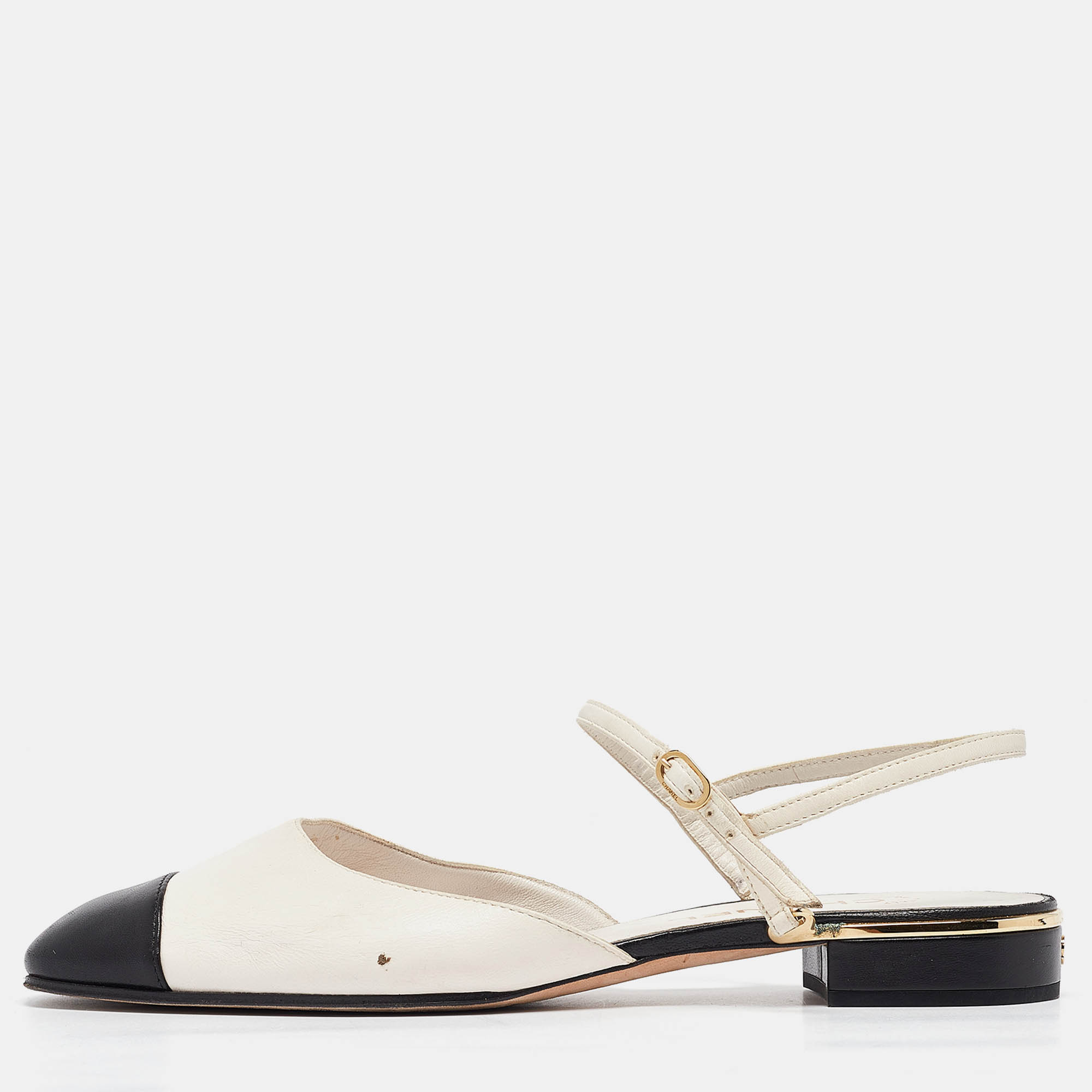 

Chanel White/Black Leather CC Cap Toe Ankle Strap Flats Size