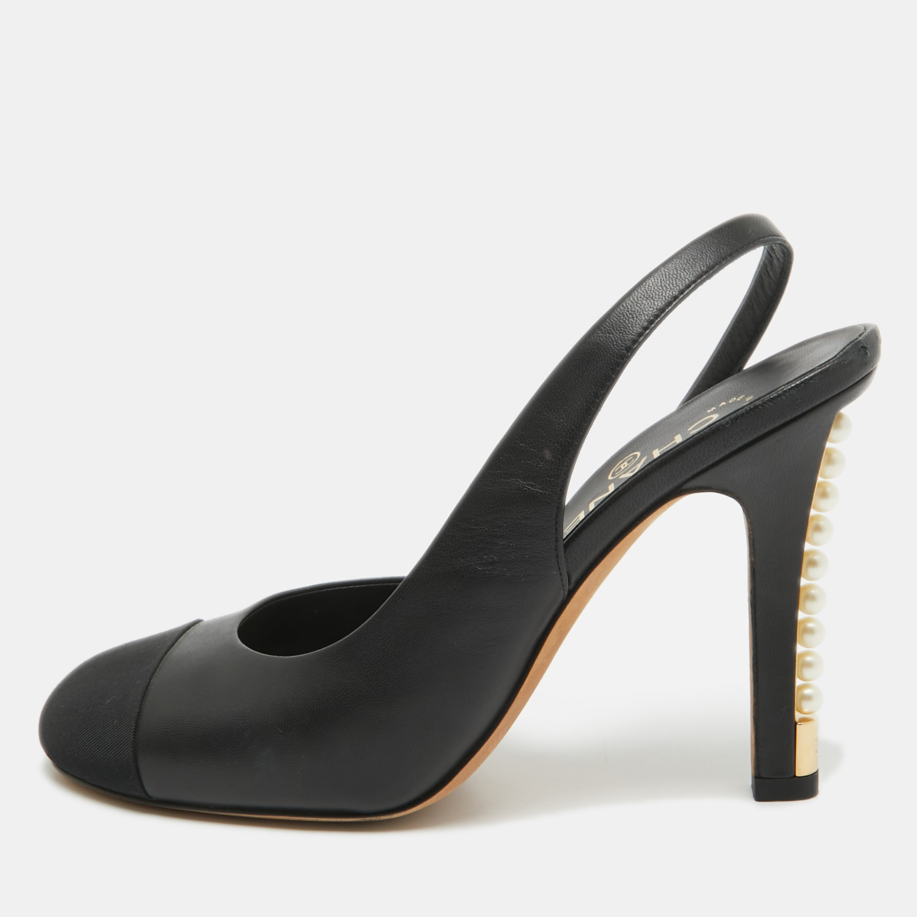 

Chanel Black Leather and Canvas Cap toe Pearl Slingback Pumps Size