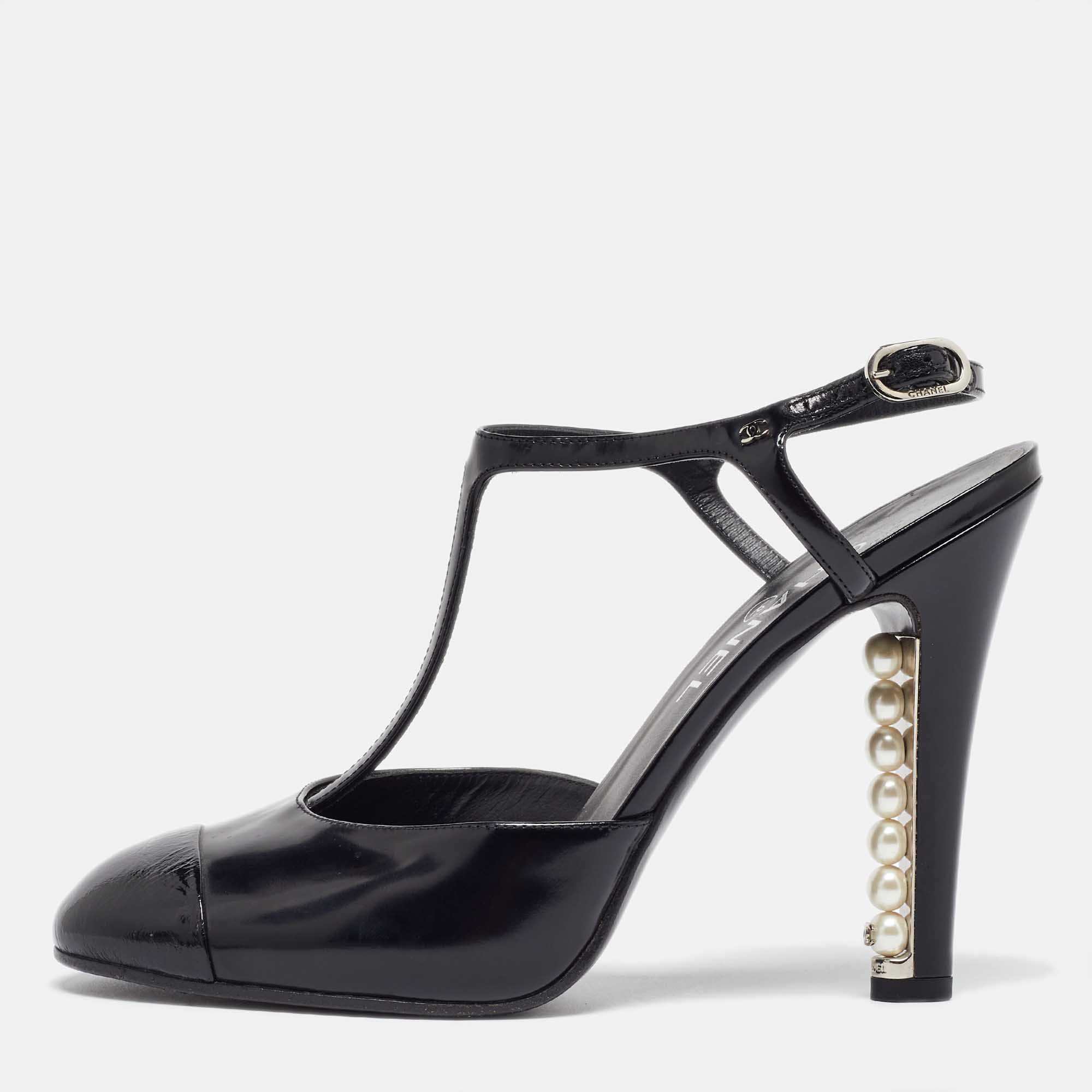 

Chanel Black Patent Leather Pearl Embellished Heel T-Strap Sandals Size