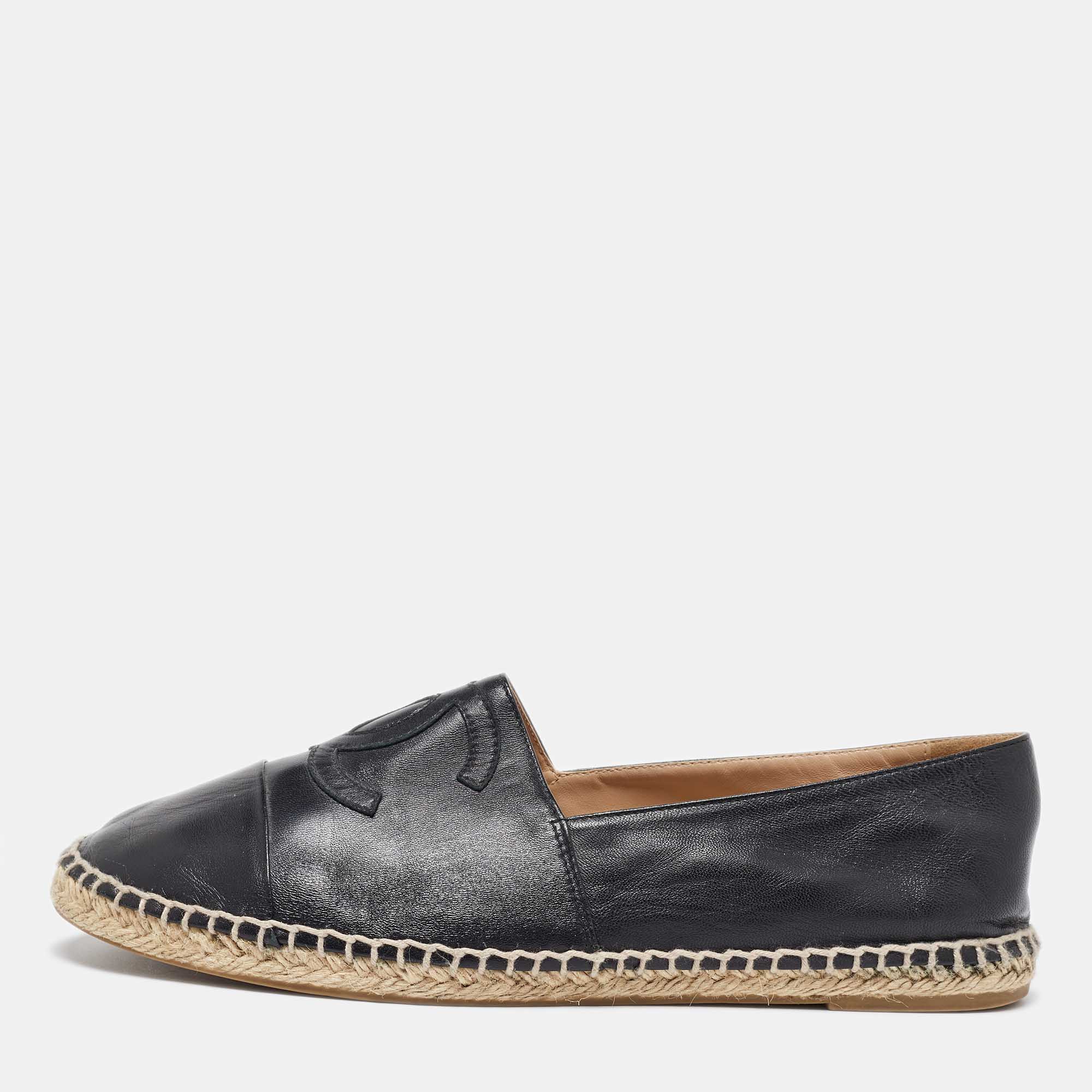 

Chanel Black Leather CC Cap Toe Espadrille Flats Size