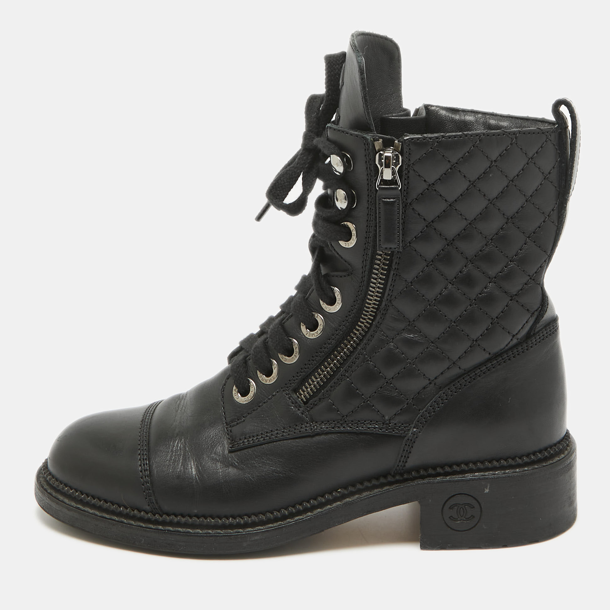 

Chanel Black Leather Interlocking CC Logo Combat Boots Size