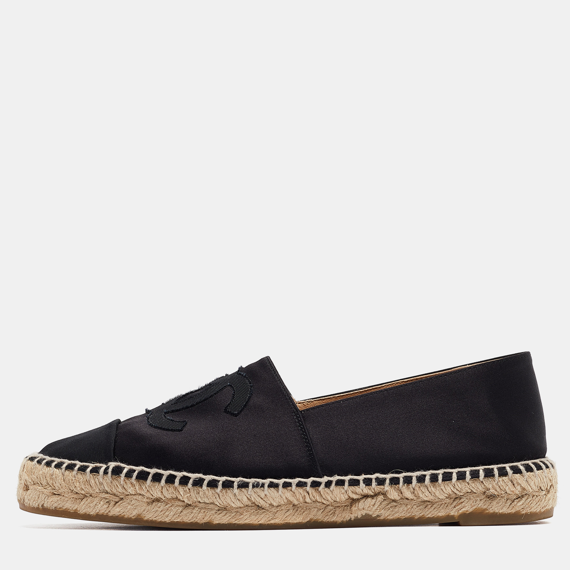 

Chanel Black Satin CC Cap Toe Espadrille Flats Size