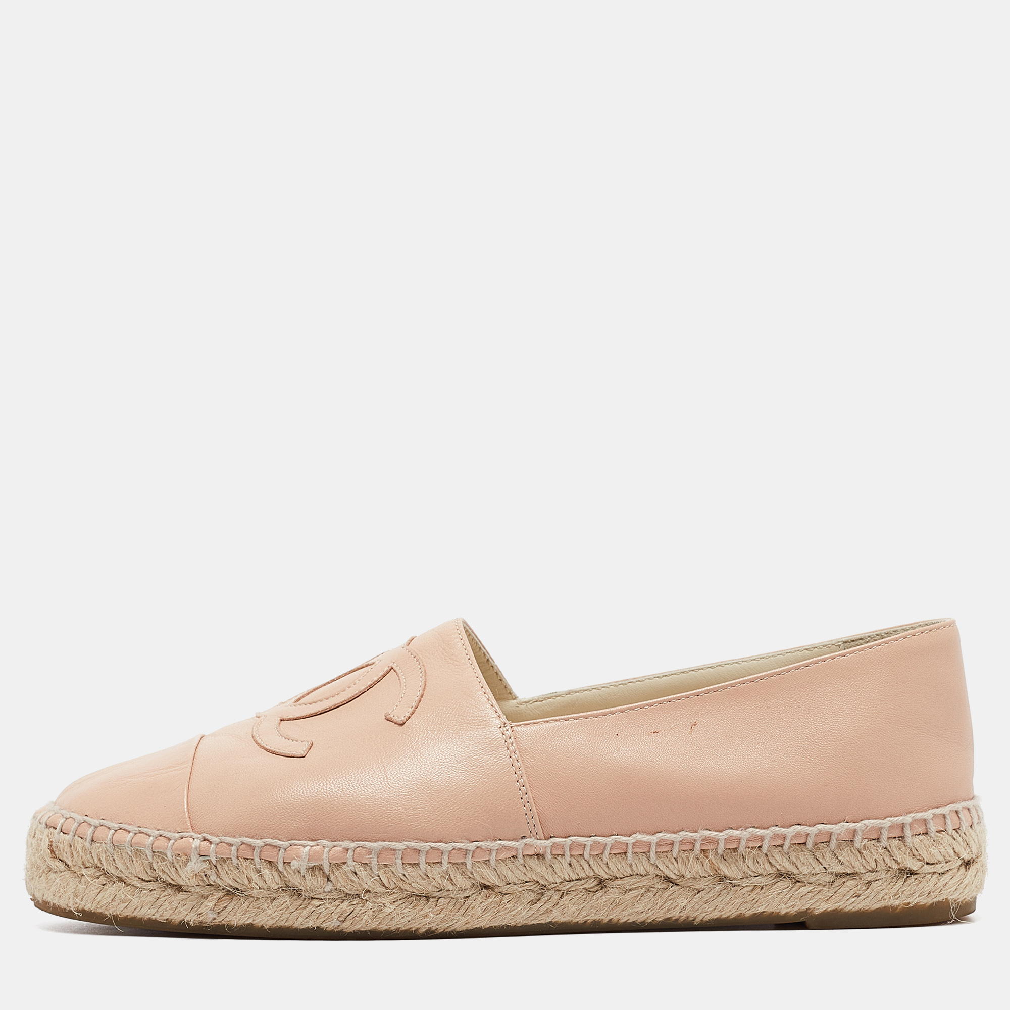 

Chanel Pink Leather CC Cap Toe Espadrille Flats Size