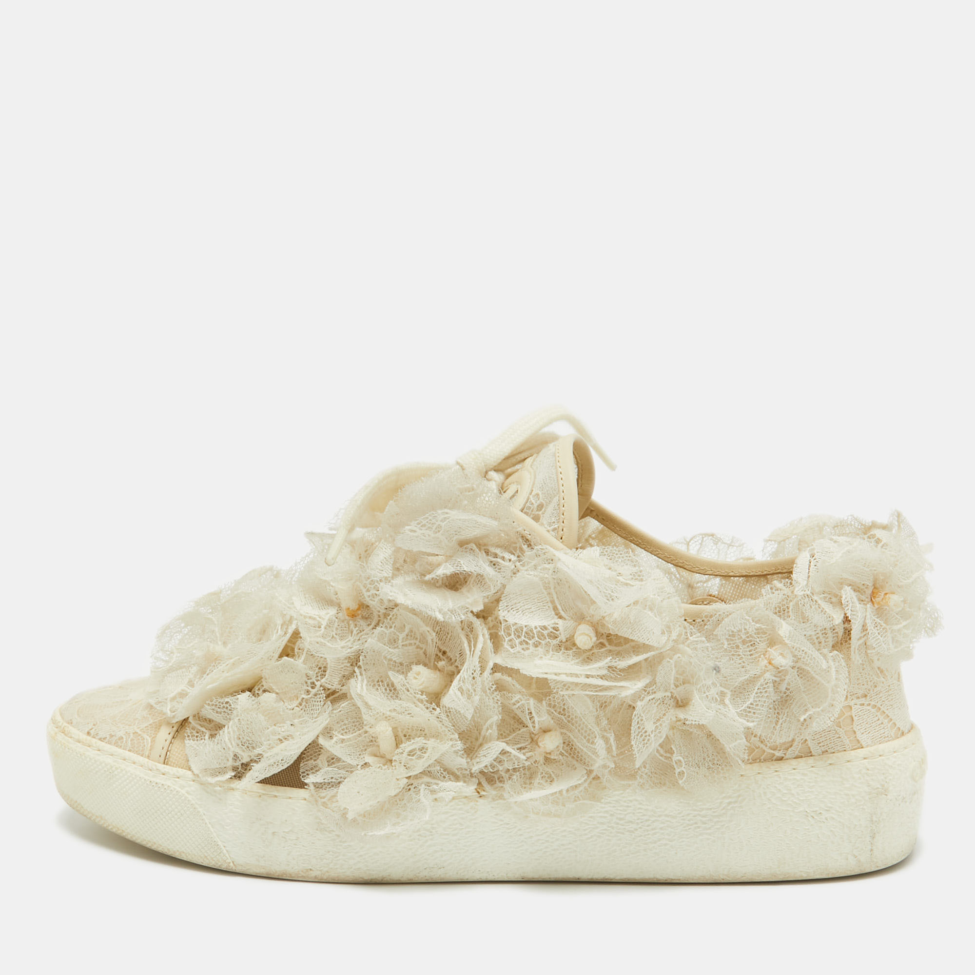 

Chanel Cream Lace and Mesh Camelia Lace Up Sneakers Size