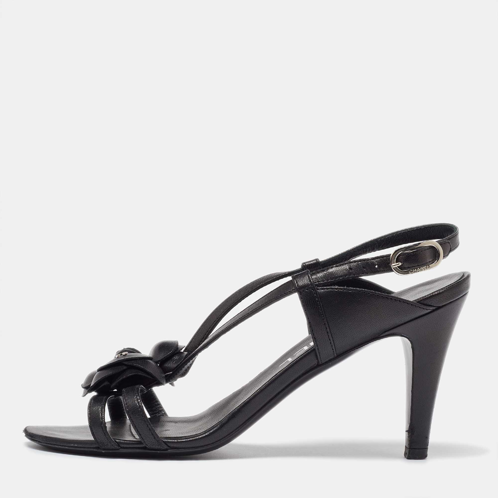 

Chanel Black Leather CC Camelia Slingback Sandals Size