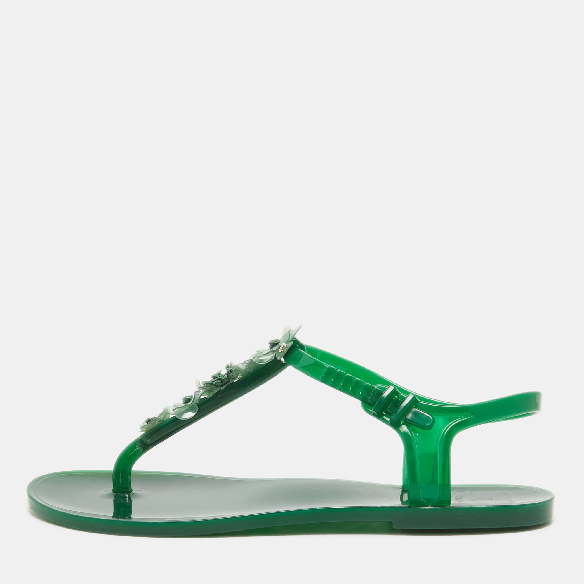 

Chanel Green Jelly Embellished CC Thong Flat Sandals Size