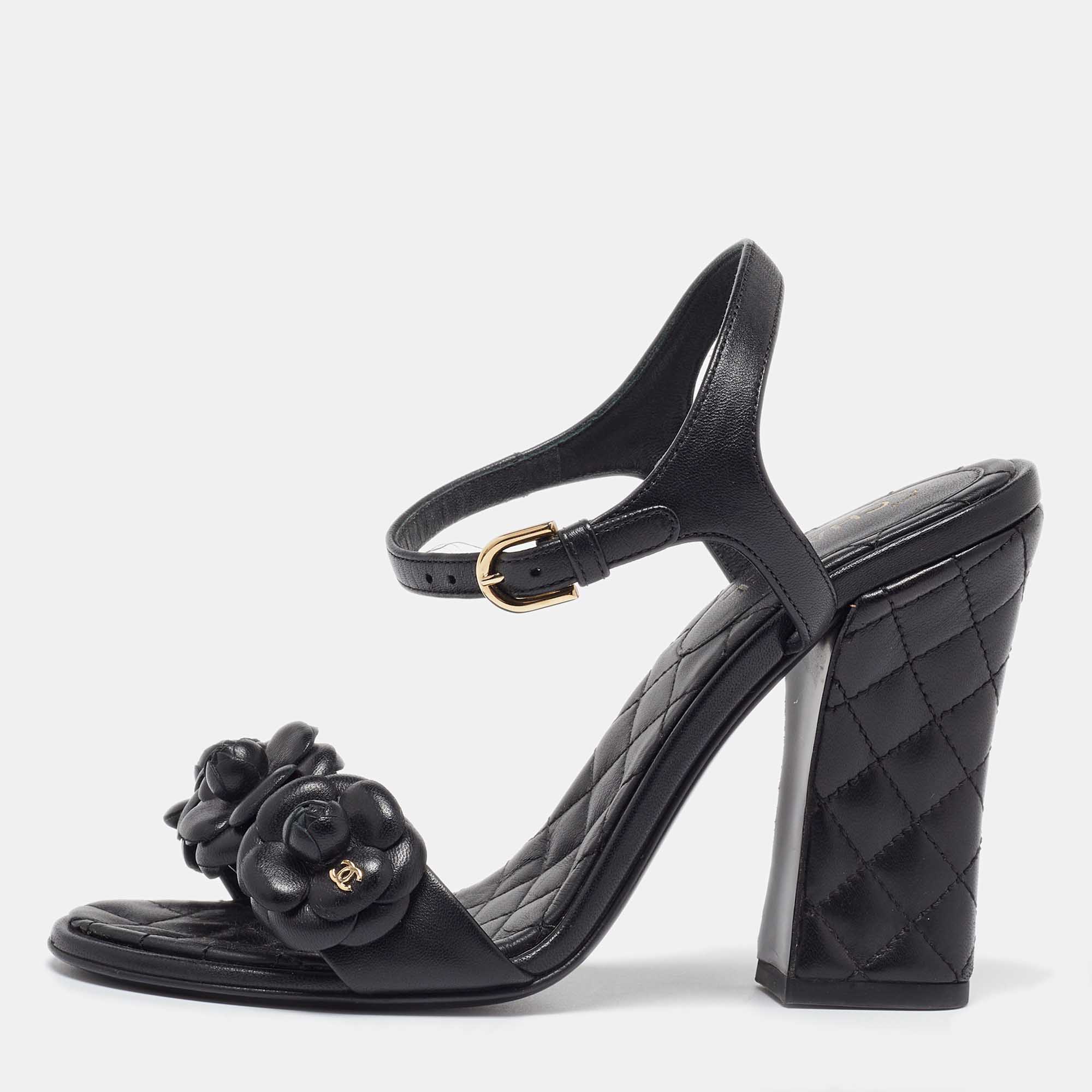 

Chanel Black Leather Camelia Ankle Strap Block Heel Sandals