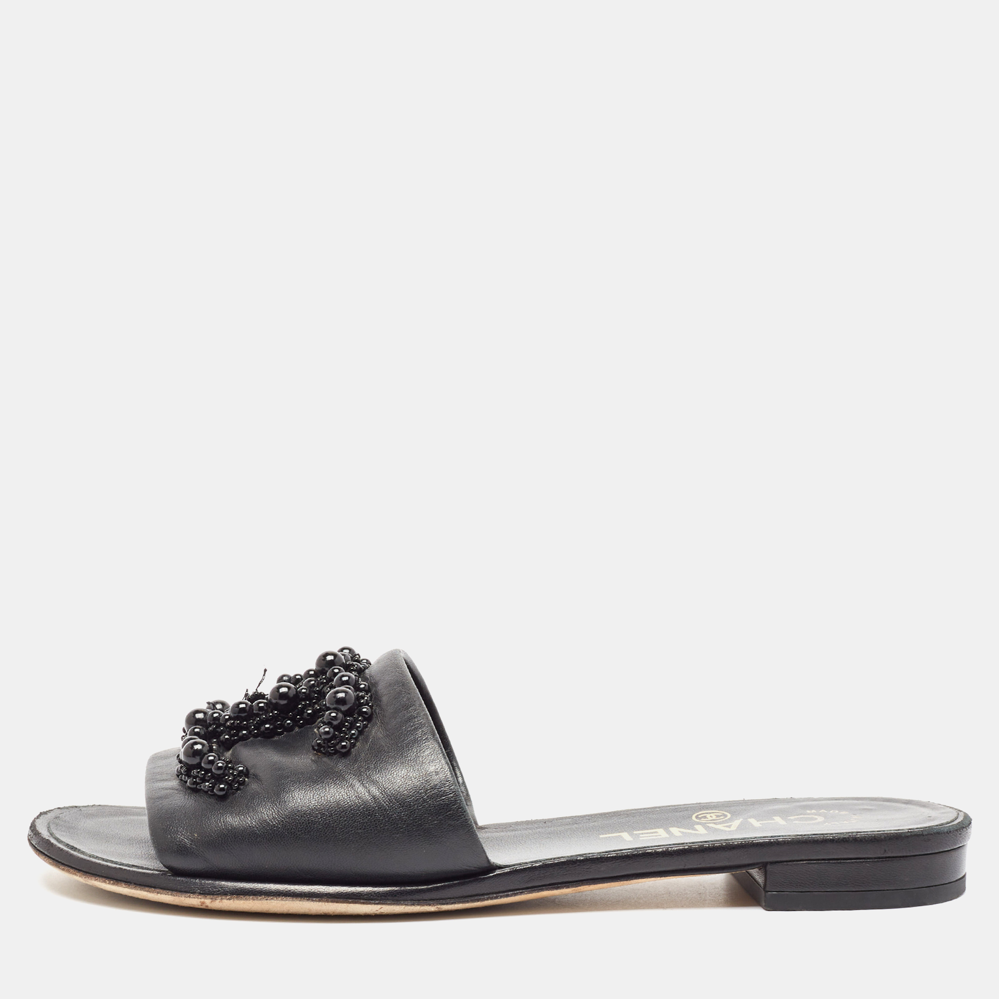 

Chanel Black Leather Embellished CC Flat Slides Size