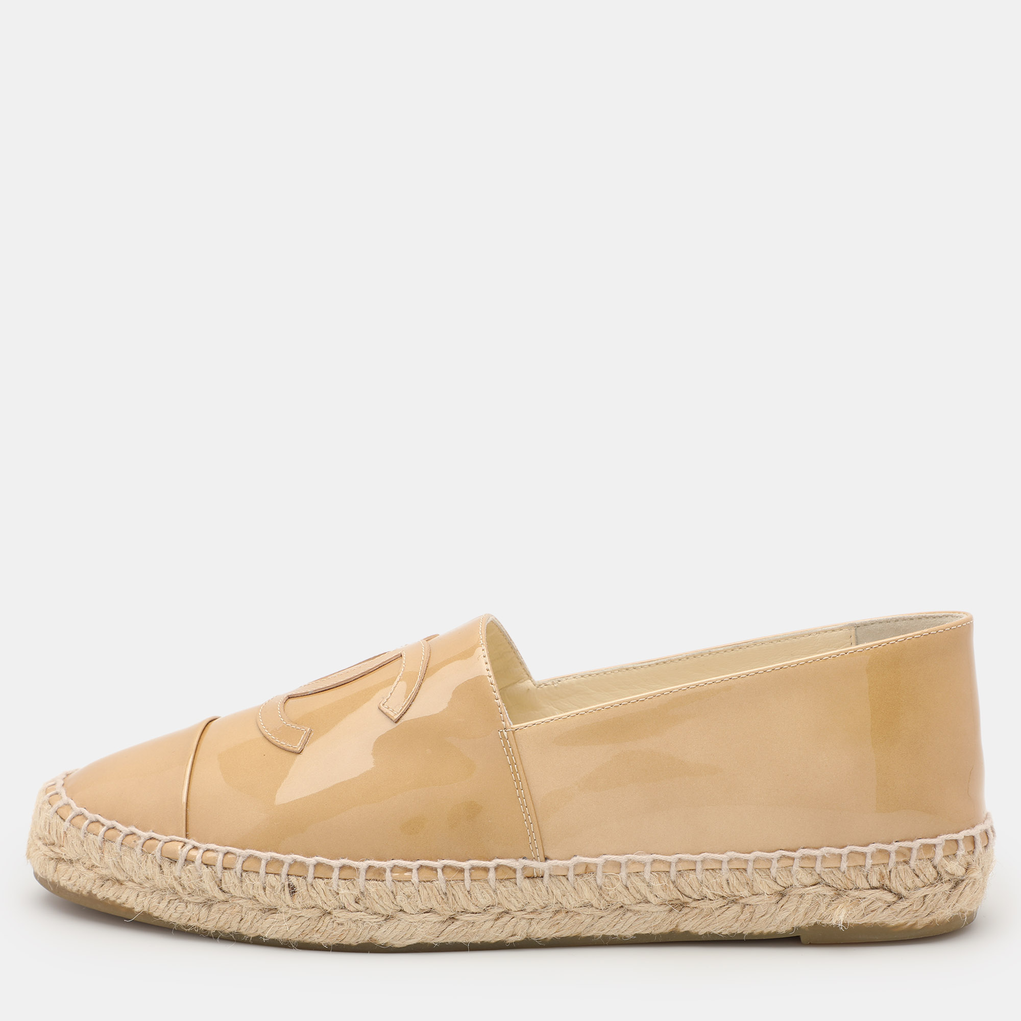 

Chanel Beige Patent Leather CC Cap Toe Espadrille Flats Size