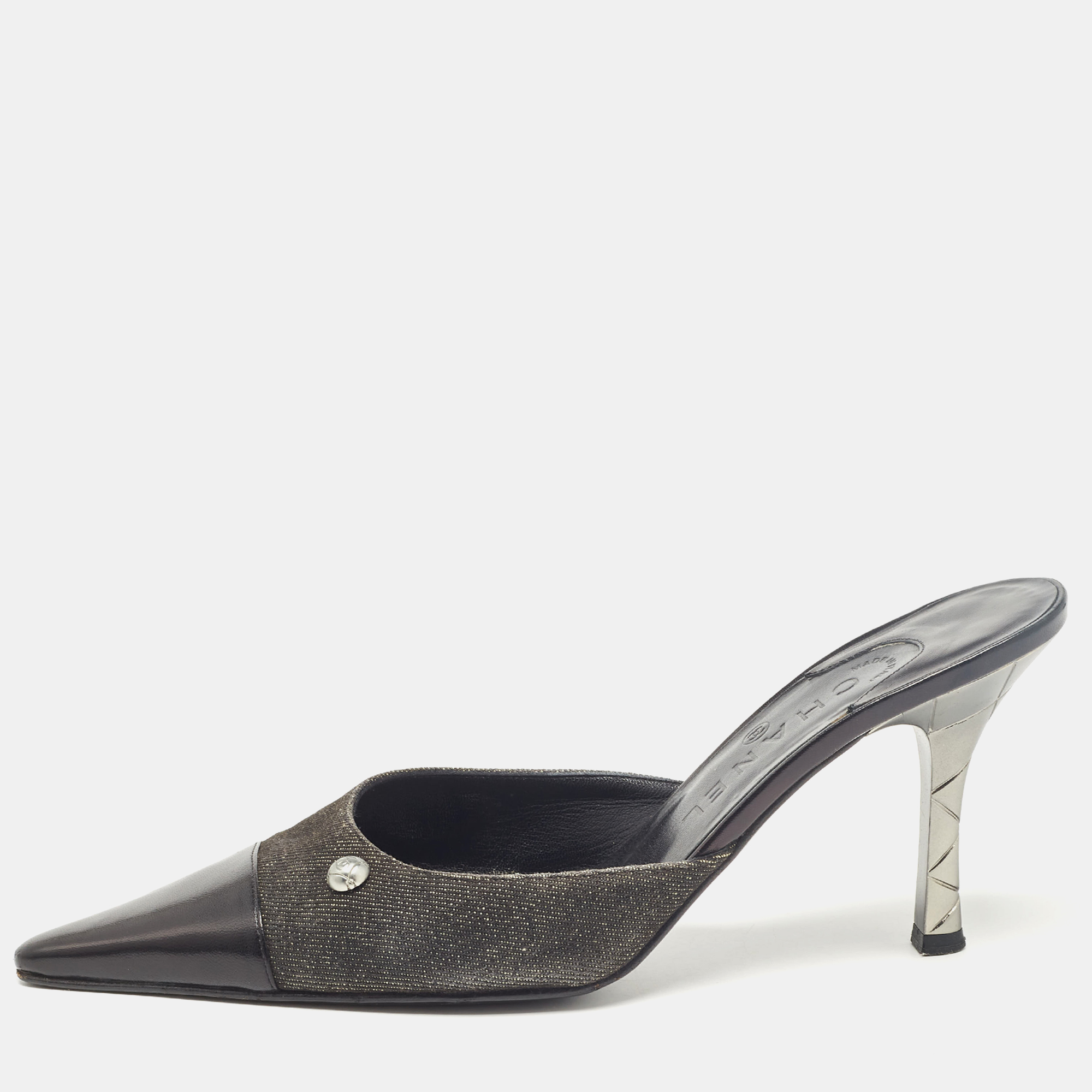 

Chanel Black Leather and Canvas Pointed Toe Mules Size