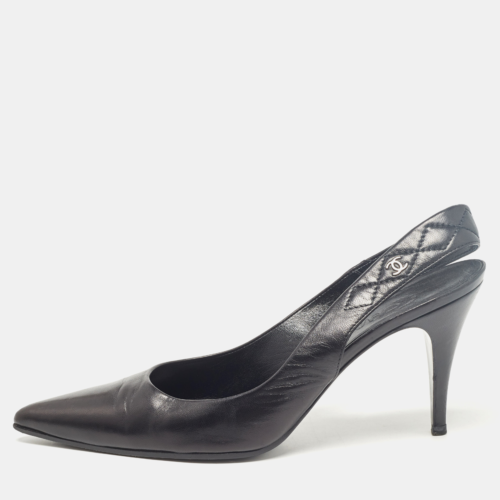 

Chanel Black Leather CC Slingback Pumps Size