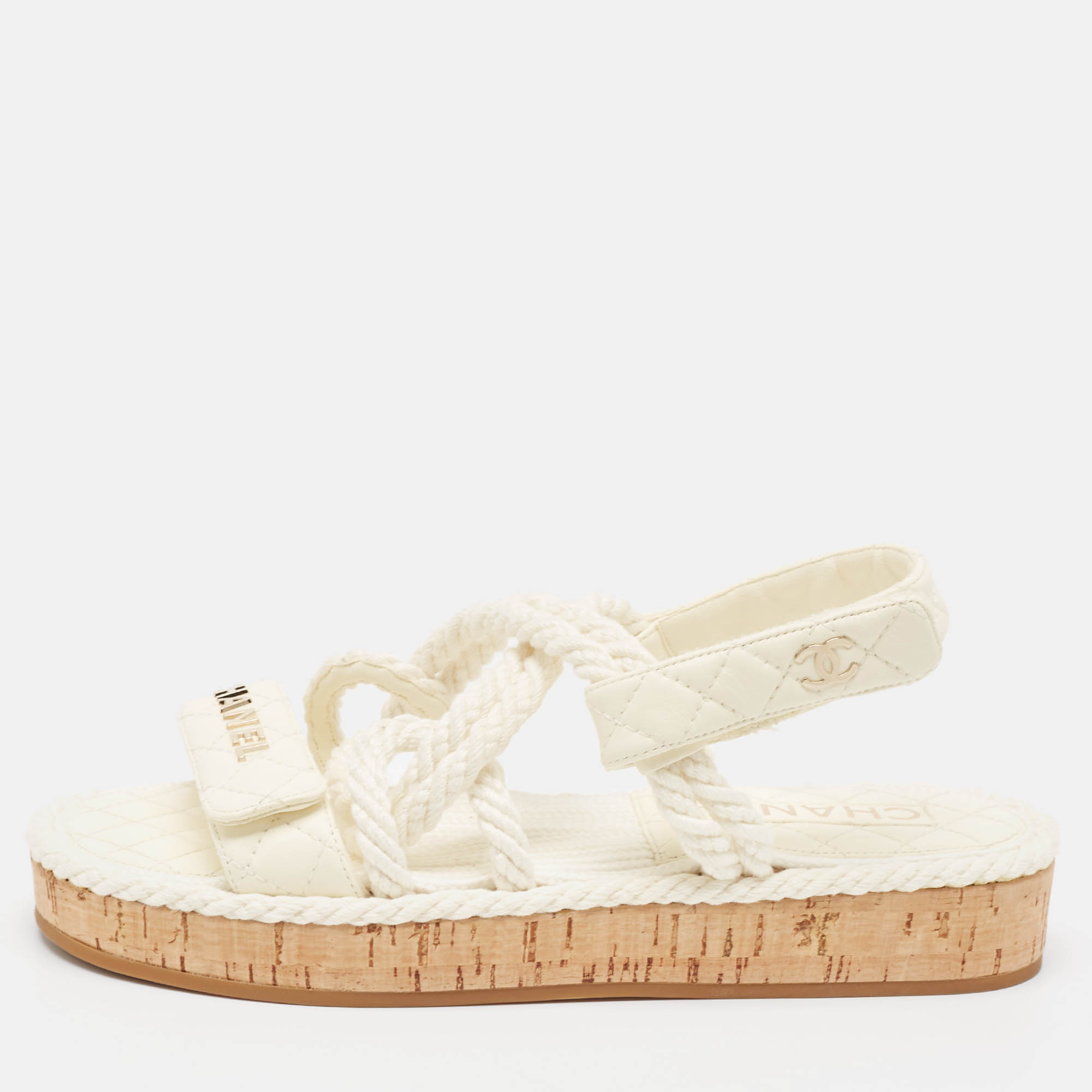 

Chanel Off White Leather and Twisted Fabric Cork Flat Sandals Size