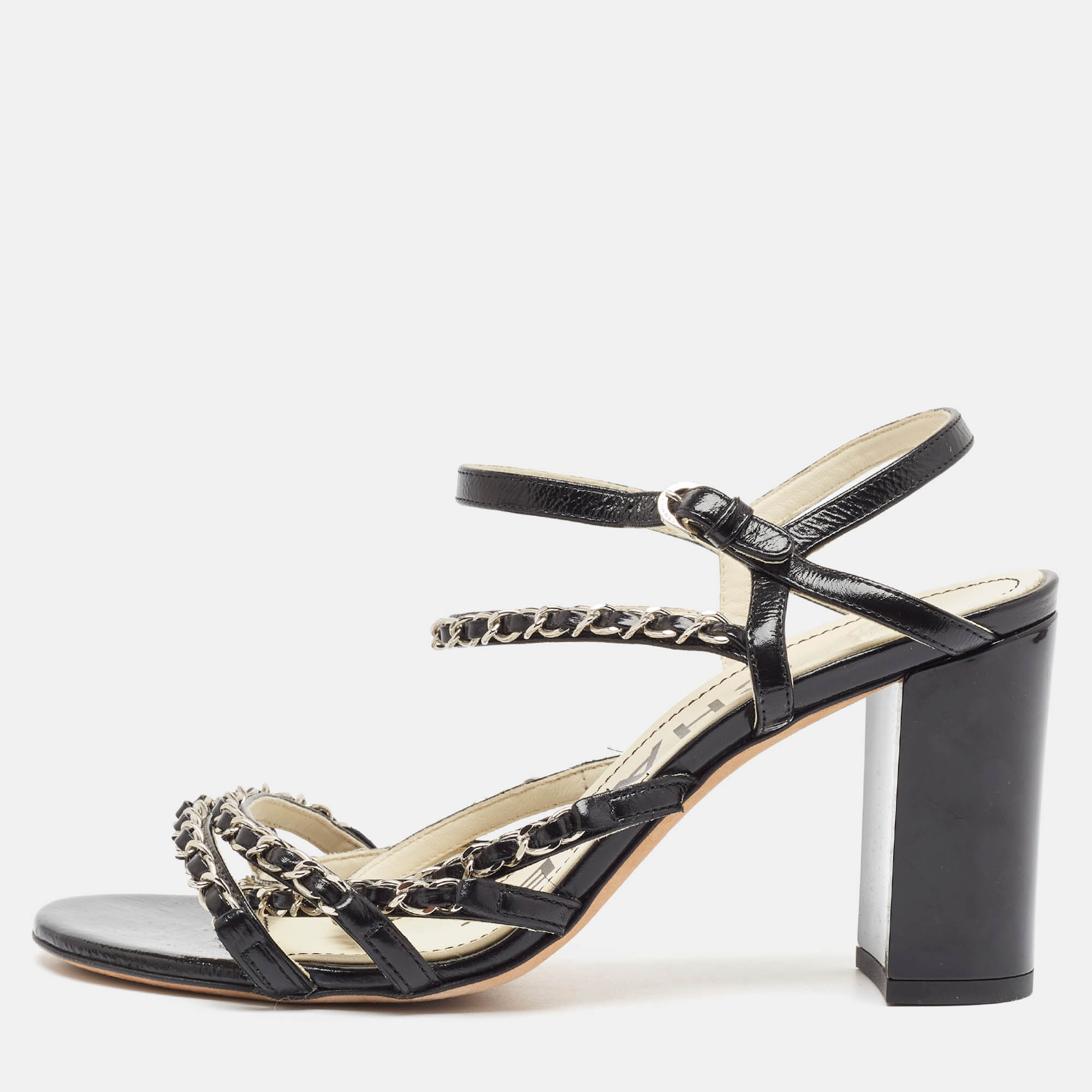 Pre-owned Chanel Black Leather Chain Link Strappy Sandals Size 39.5