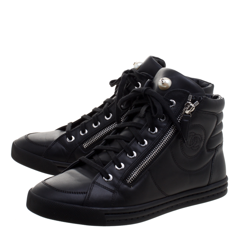 Chanel Black Leather CC Double Zip Accent High Top Sneakers Size 38.5 ...