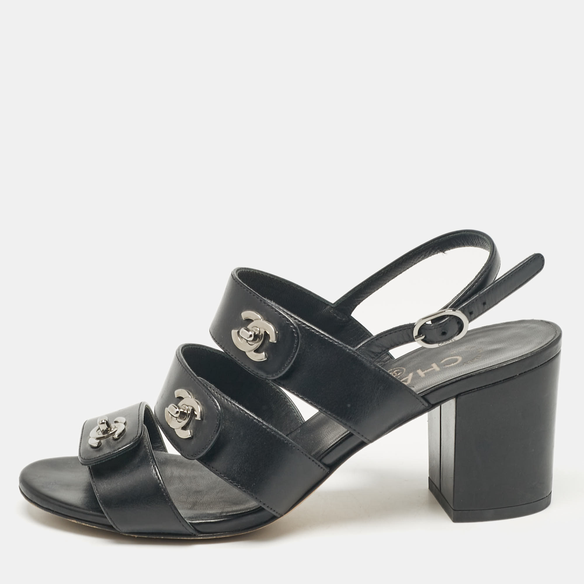 

Chanel Black Leather Ankle Strap Sandals Size