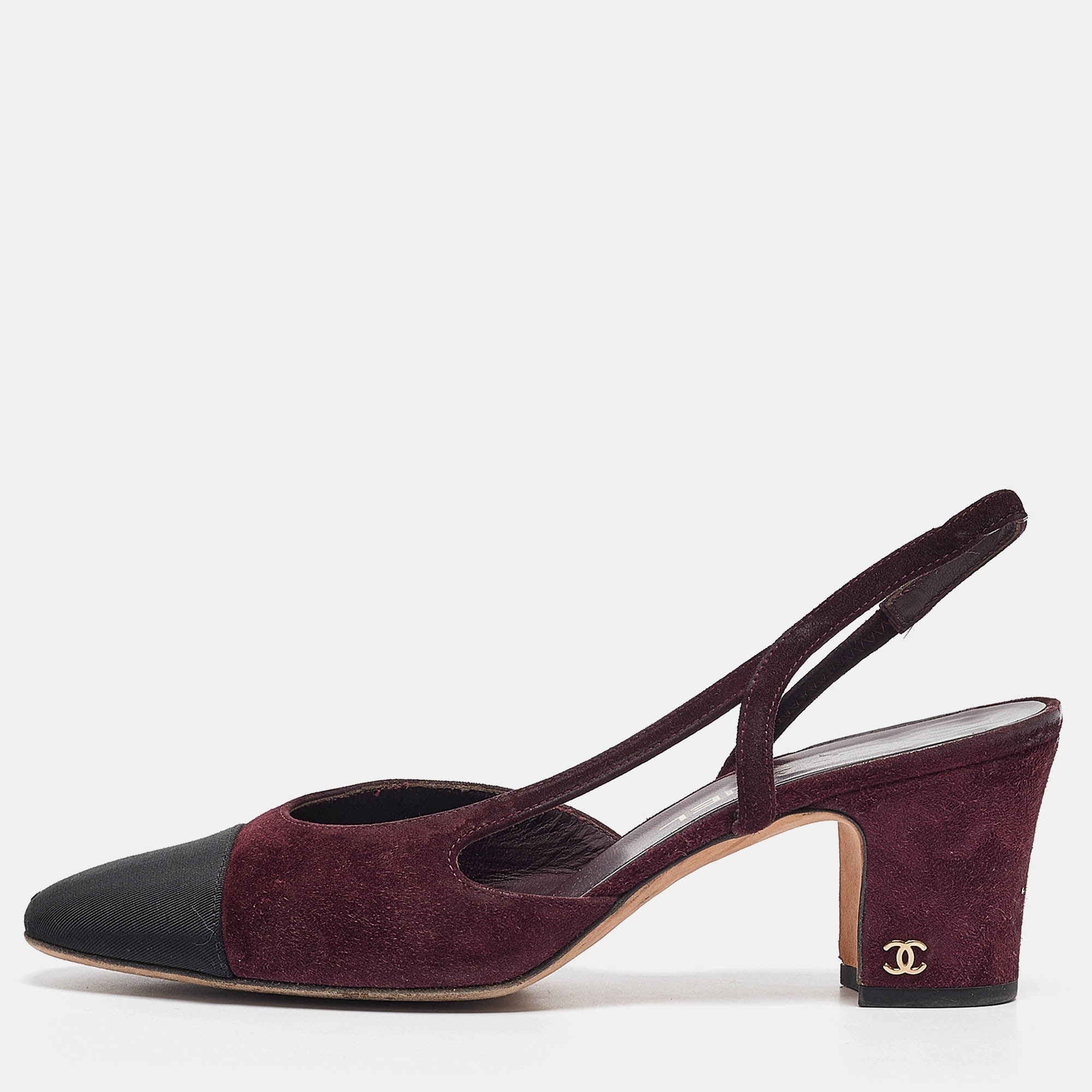 

Chanel Plum/Black Suede and Fabric CC Slingback Pumps Size