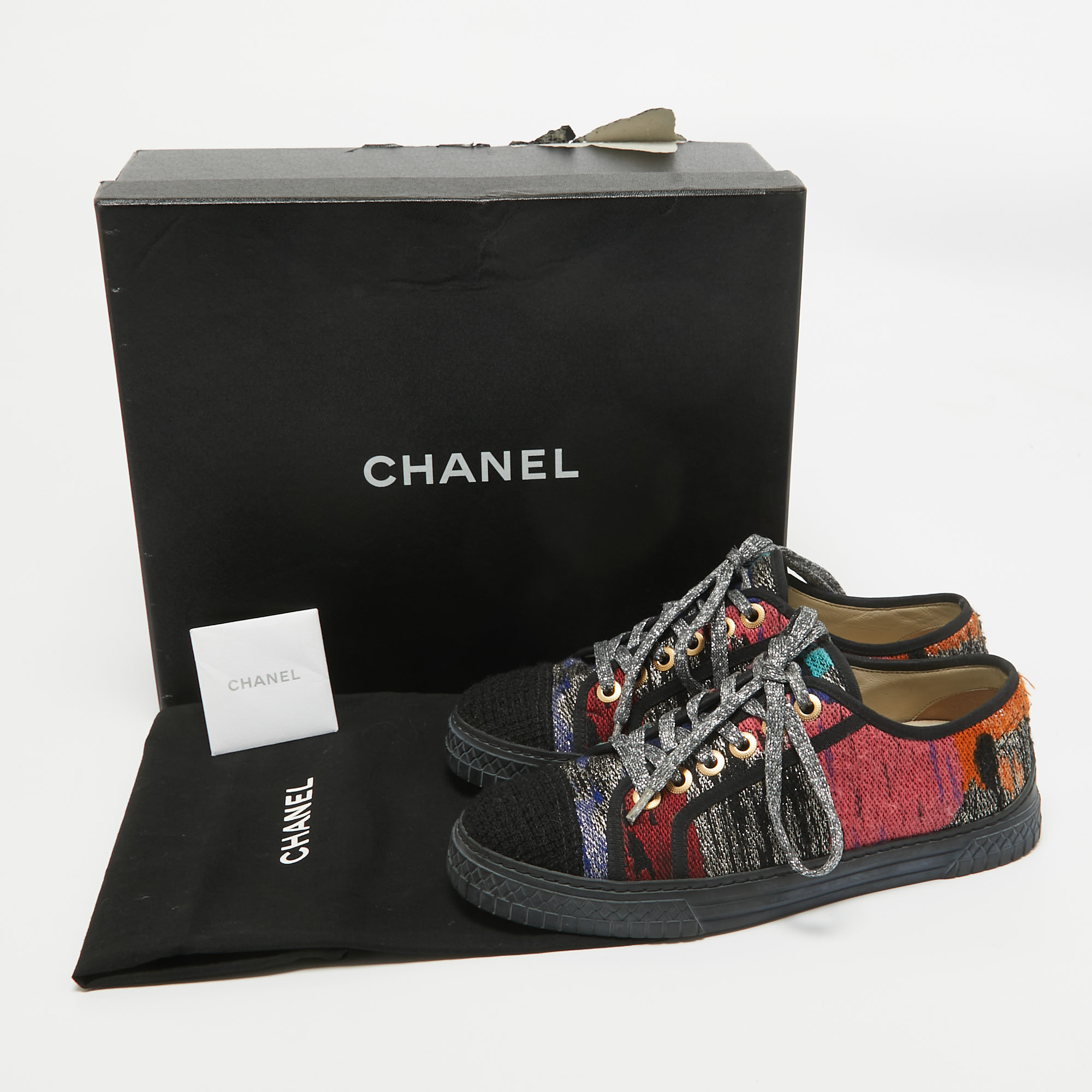 Chanel Multicolor Canvas and Tweed Lace Up Sneakers Size 37 