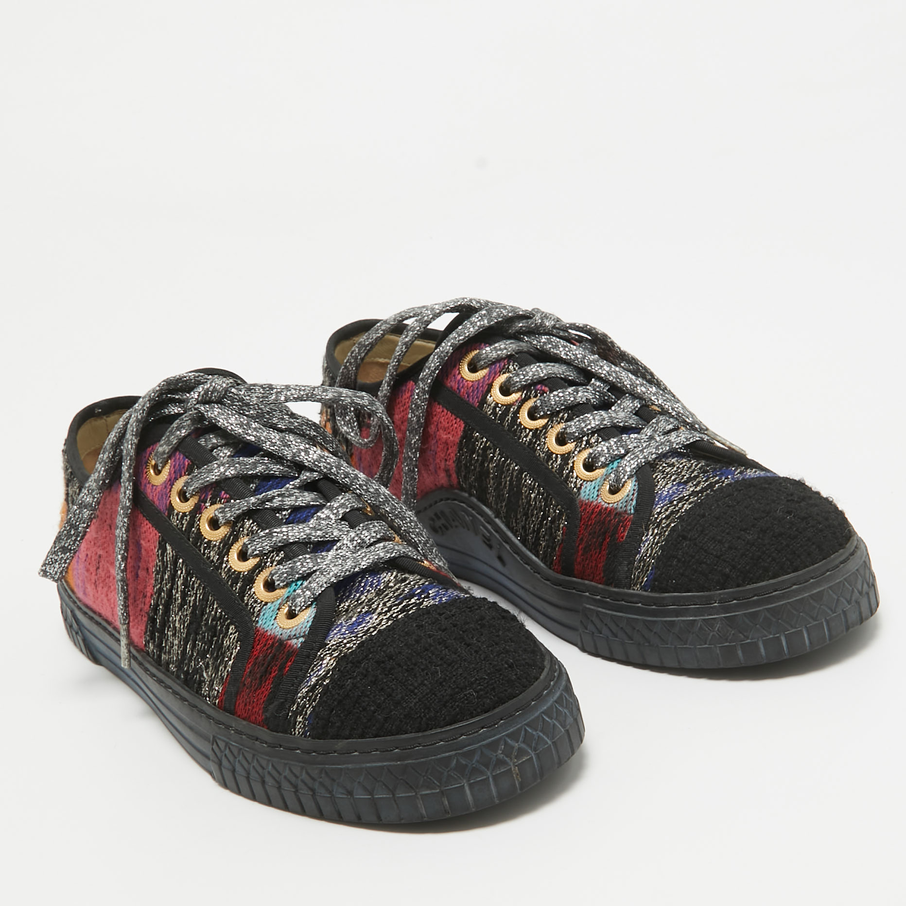 Chanel Multicolor Canvas and Tweed Lace Up Sneakers Size 37 