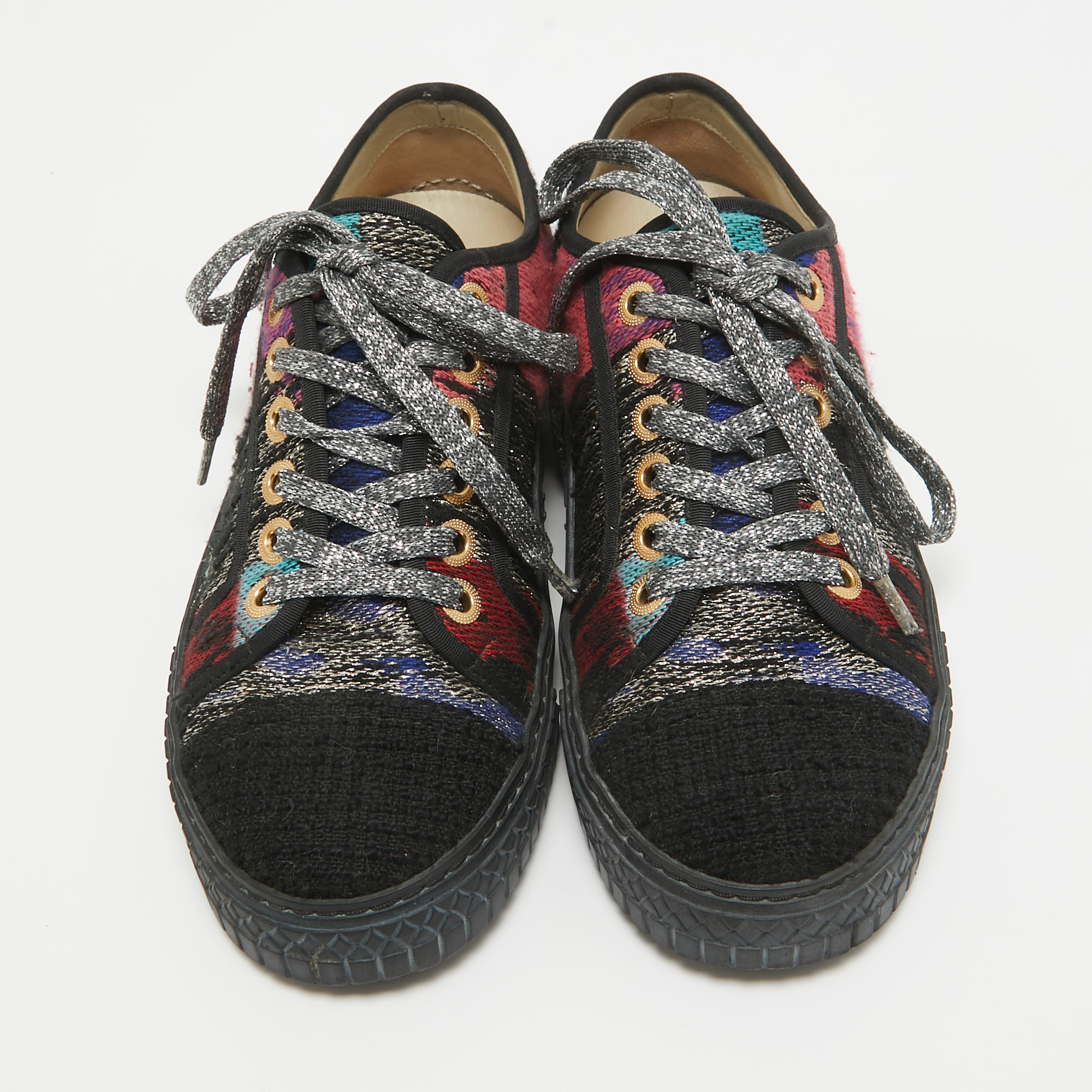 Chanel Multicolor Canvas and Tweed Lace Up Sneakers Size 37 