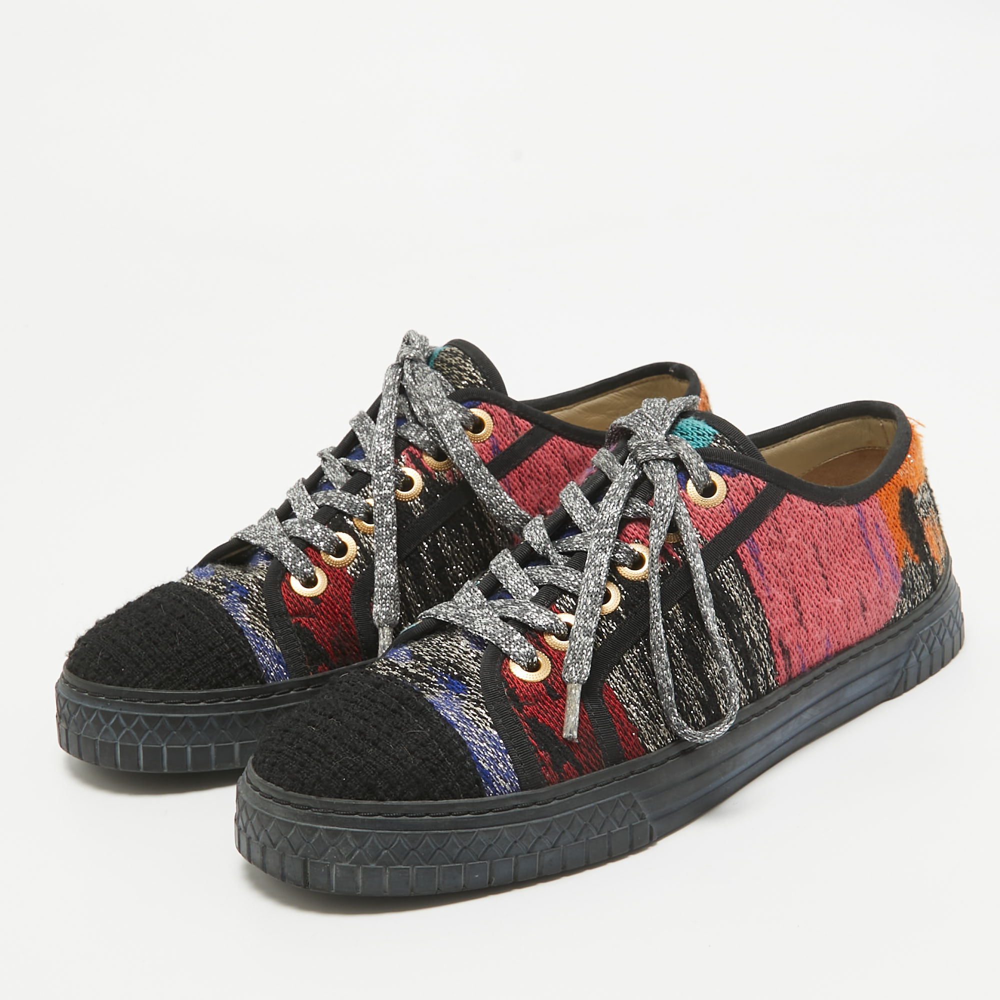 Chanel Multicolor Canvas and Tweed Lace Up Sneakers Size 37 
