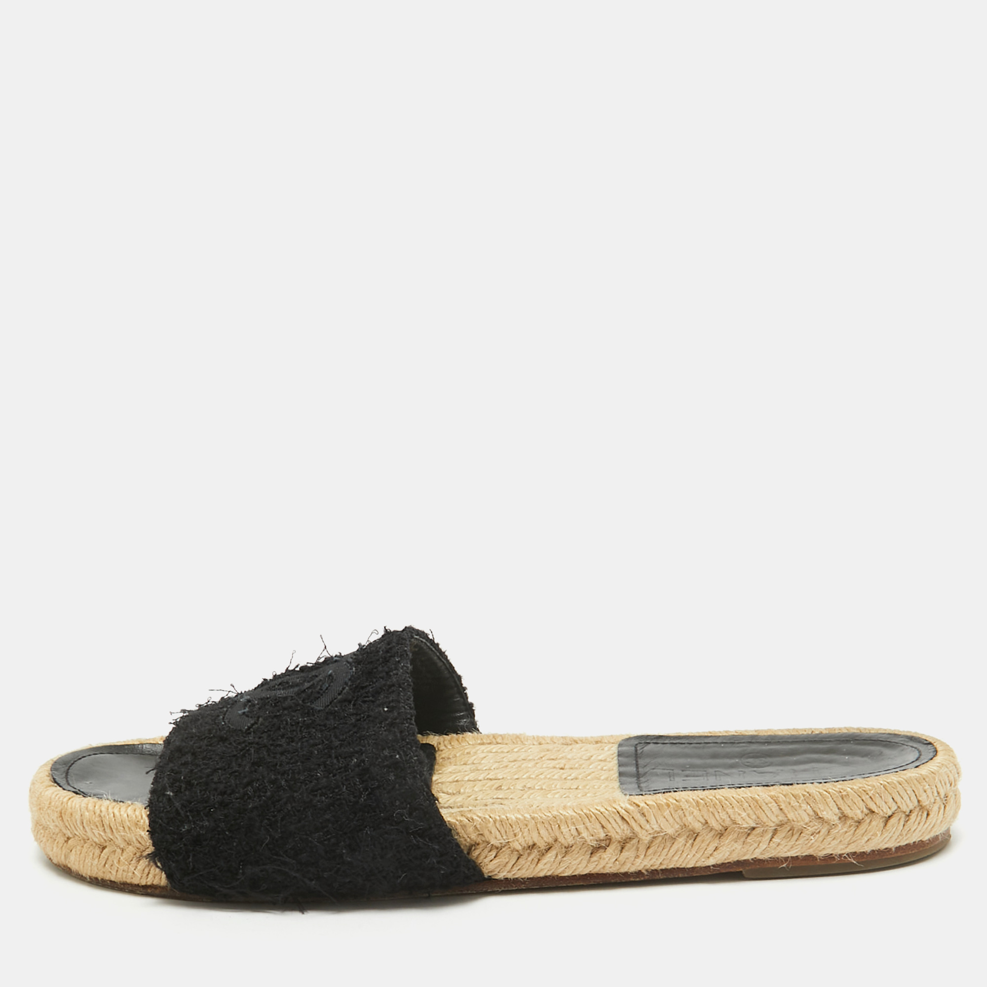 

Chanel Black Tweed Flat Slides Size