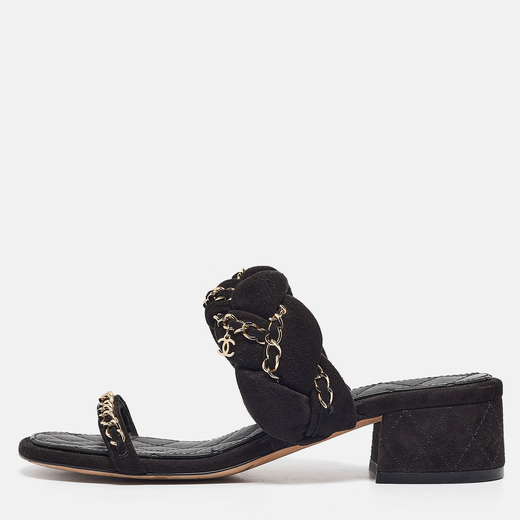 

Chanel Black Suede Chain CC Slide Sandals Size