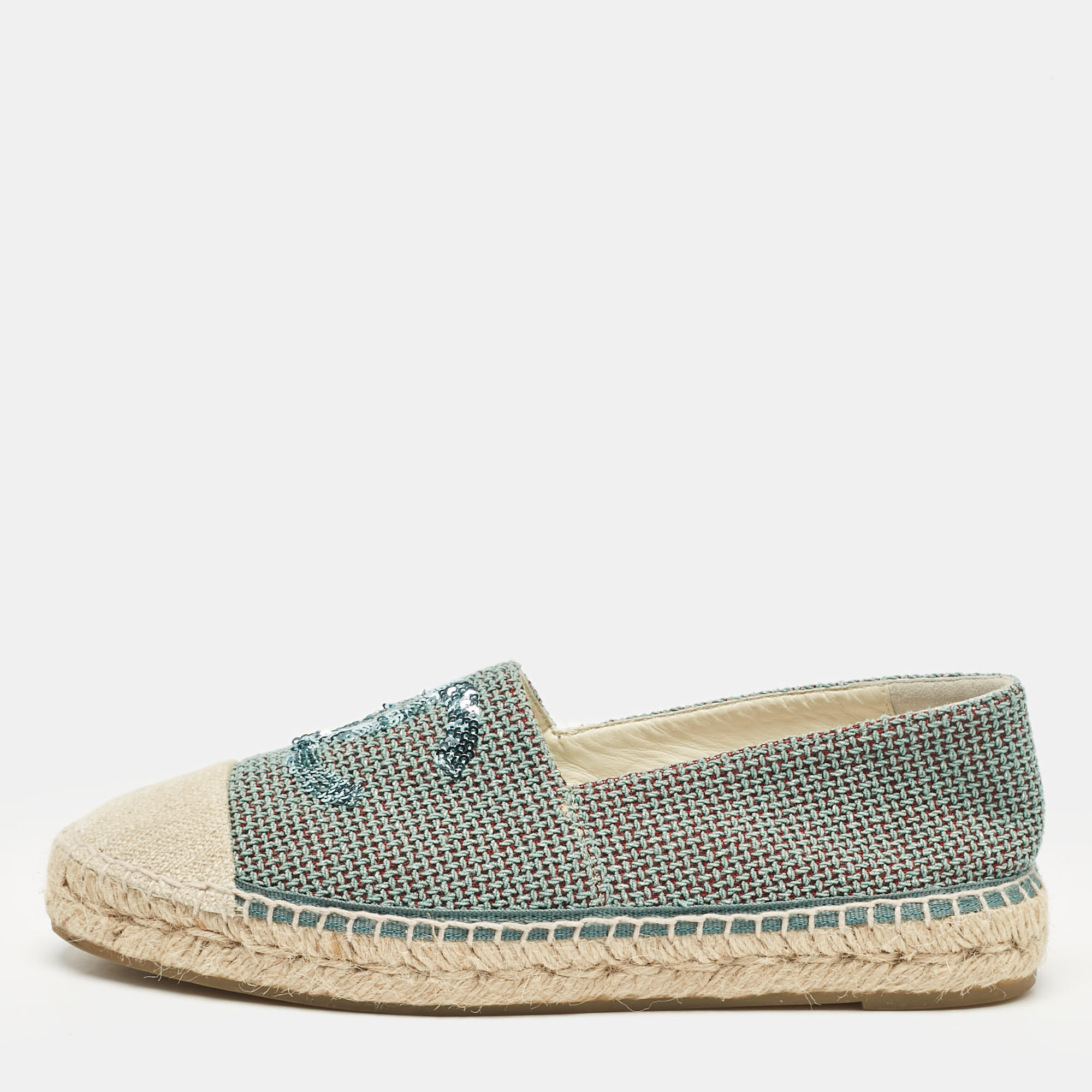 

Chanel Green Tweed Sequins CC Espadrille Flats Size