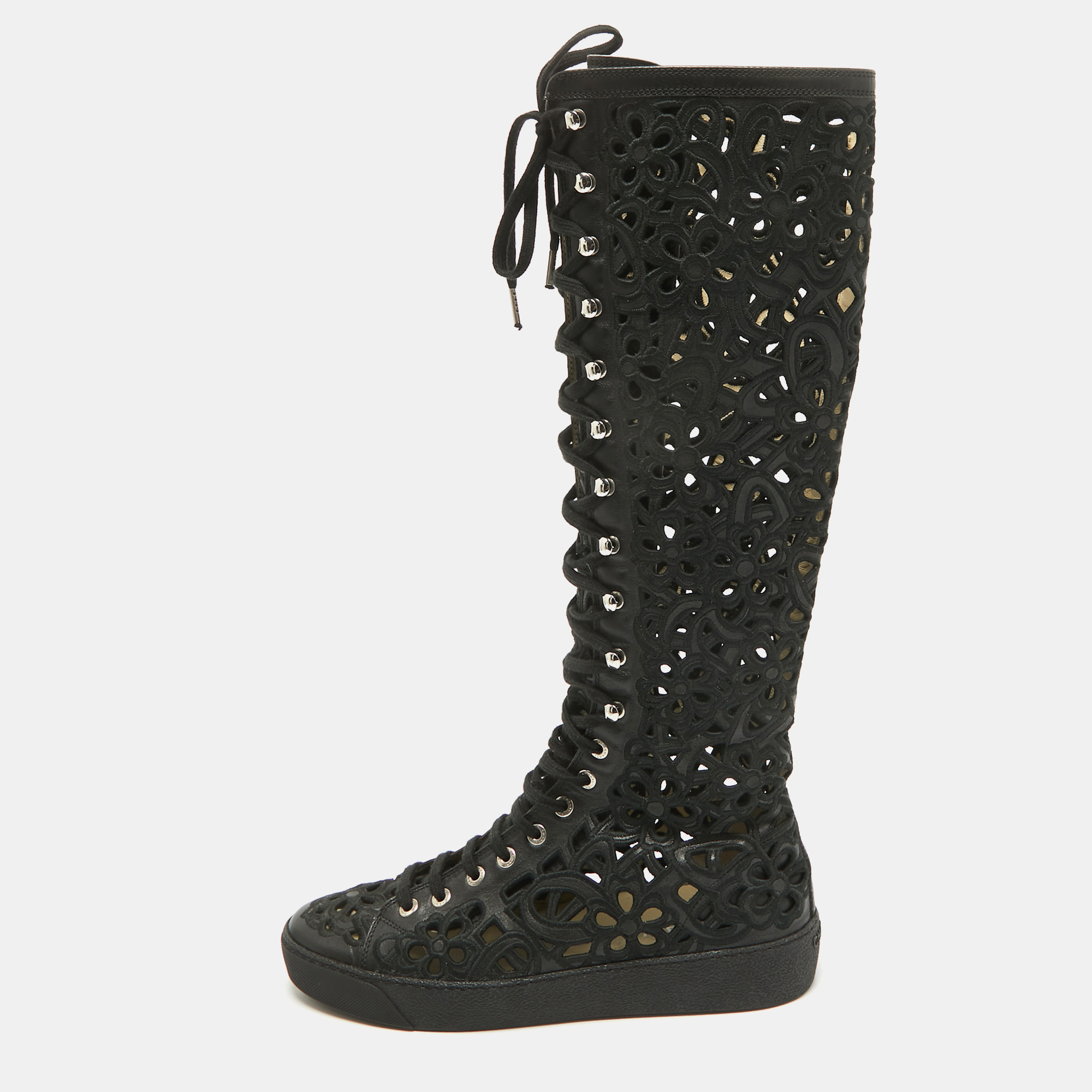 

Chanel Black Canvas and Leather Camellia Knee Length Boots Size 39