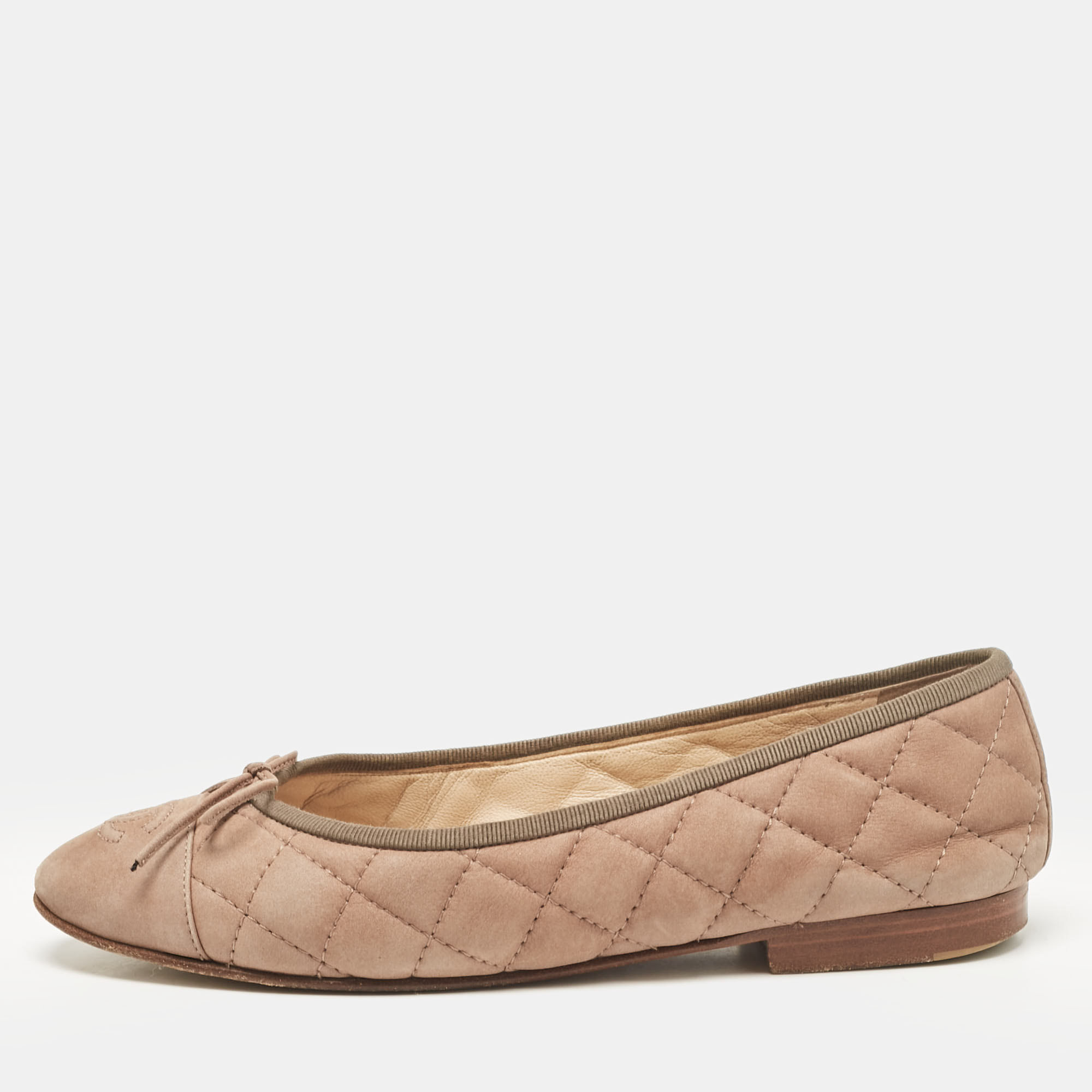 Pre-owned Chanel Brown Quilted Nubuck Cc Bow Ballet Flats Size 37